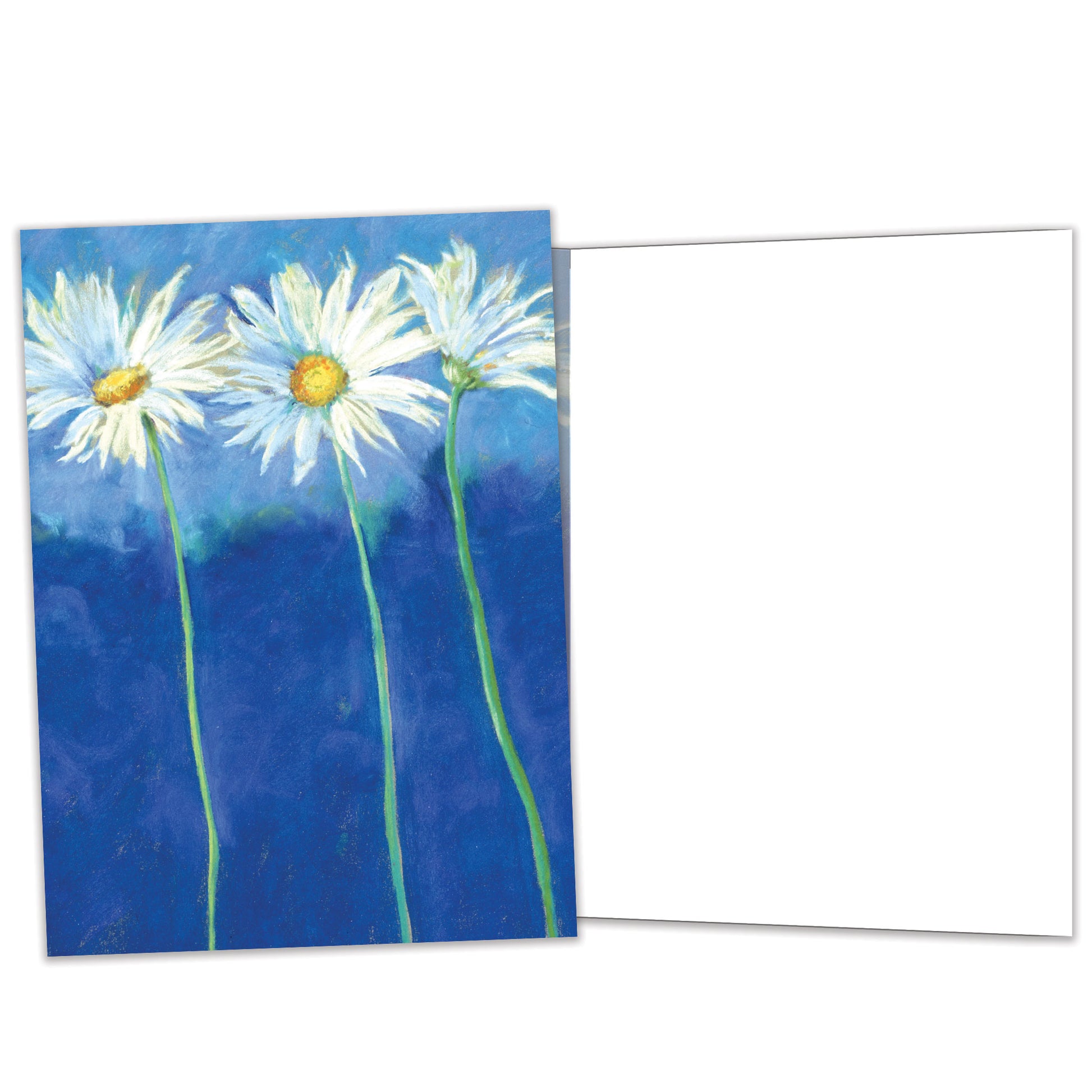 Front and inside view of an All Occasion greeting card featuring daisies on a blue background, with matching design details inside.