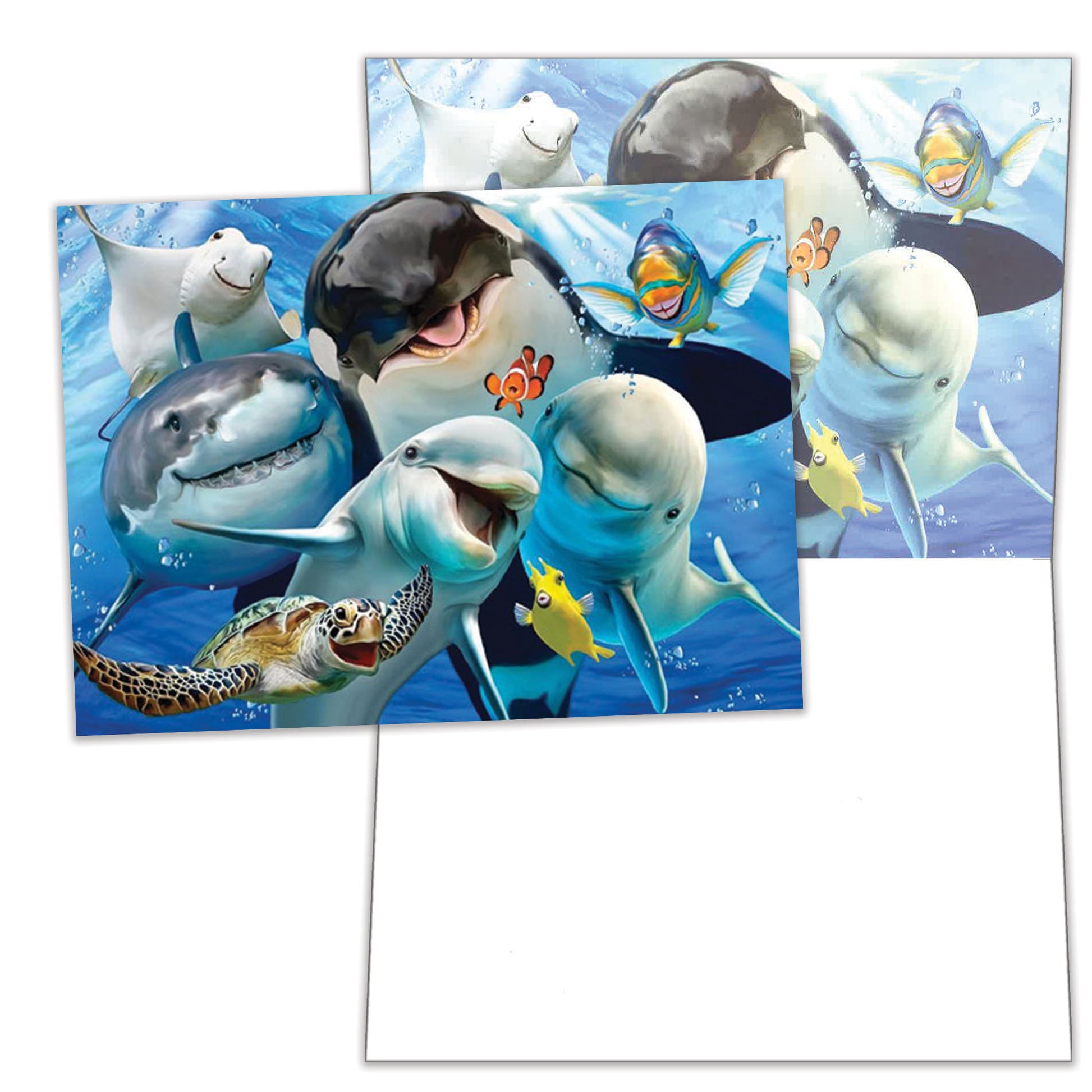 Front and inside view of an All Occasion greeting card featuring smiling marine animals, with matching design details inside.