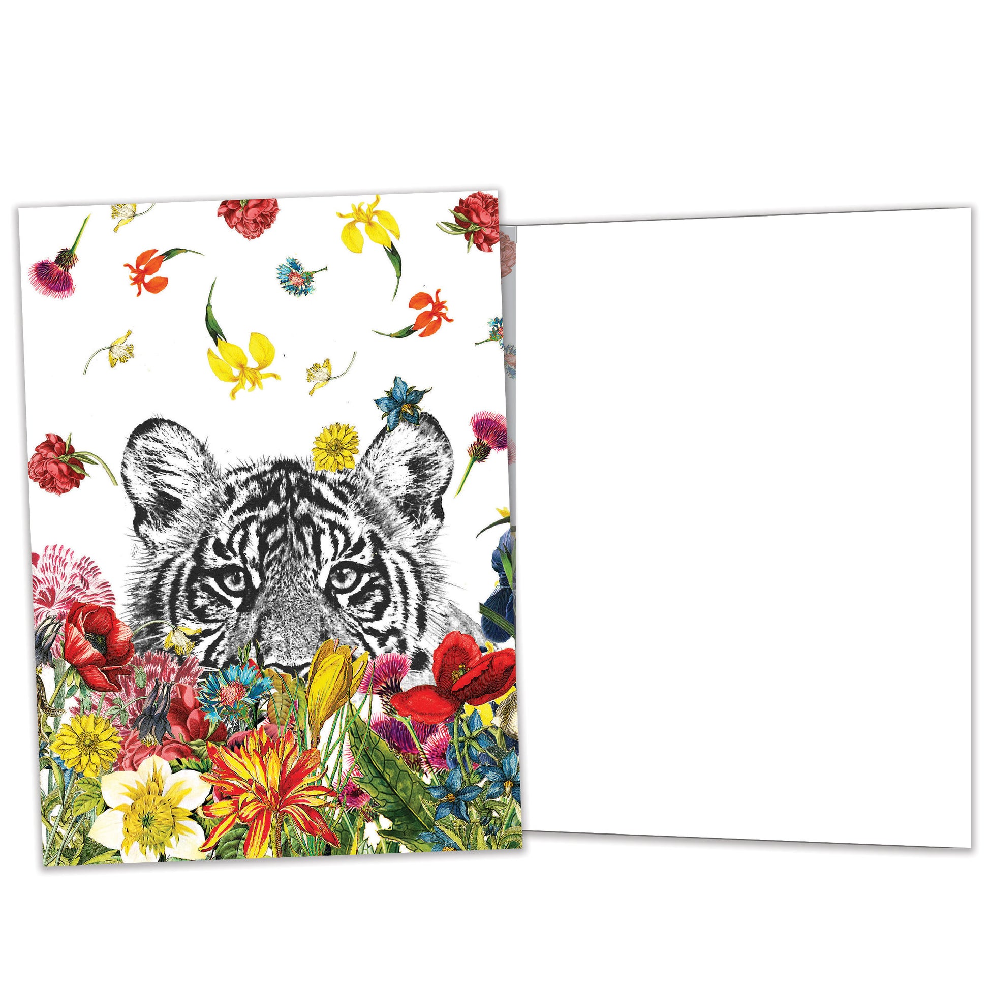 Front and inside view of an All Occasion greeting card featuring a tiger surrounded by flowers, with matching design details inside.