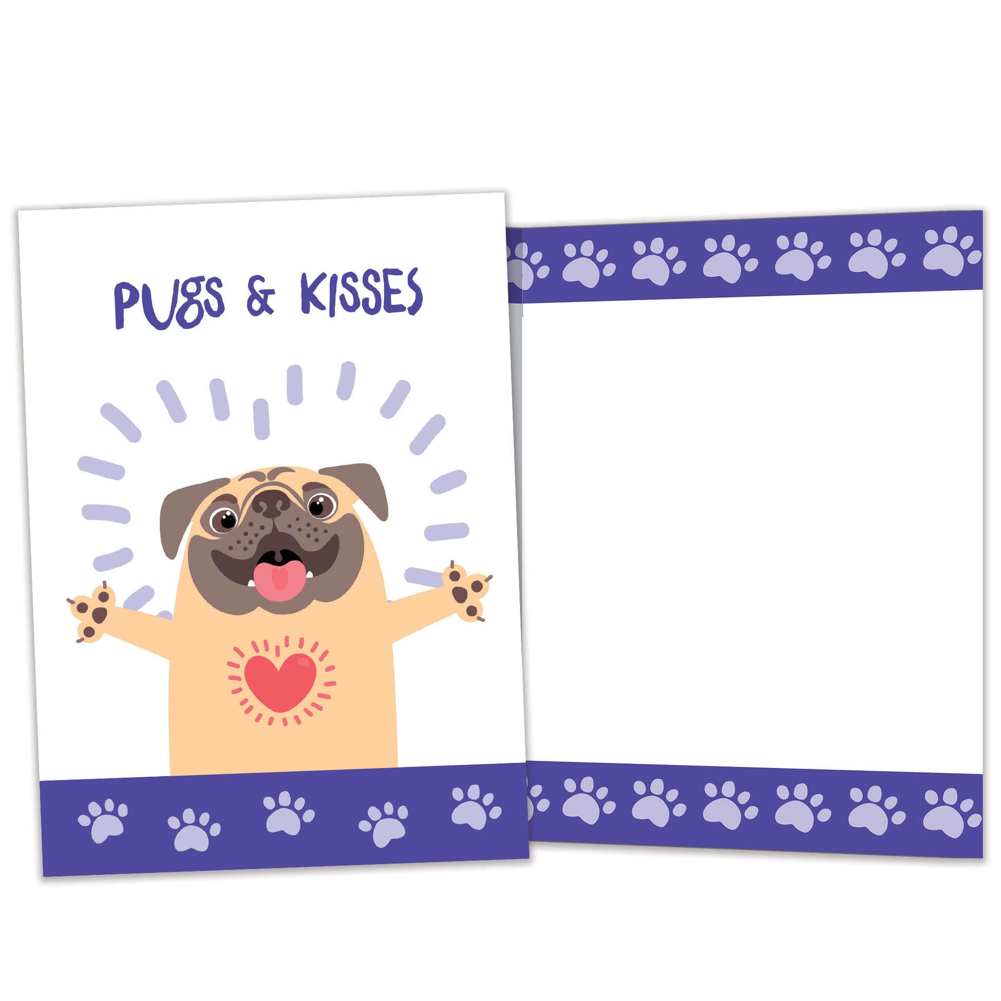Front and inside view of an All Occasion greeting card featuring a pug and the words 'pugs & kisses,' with matching design details inside.