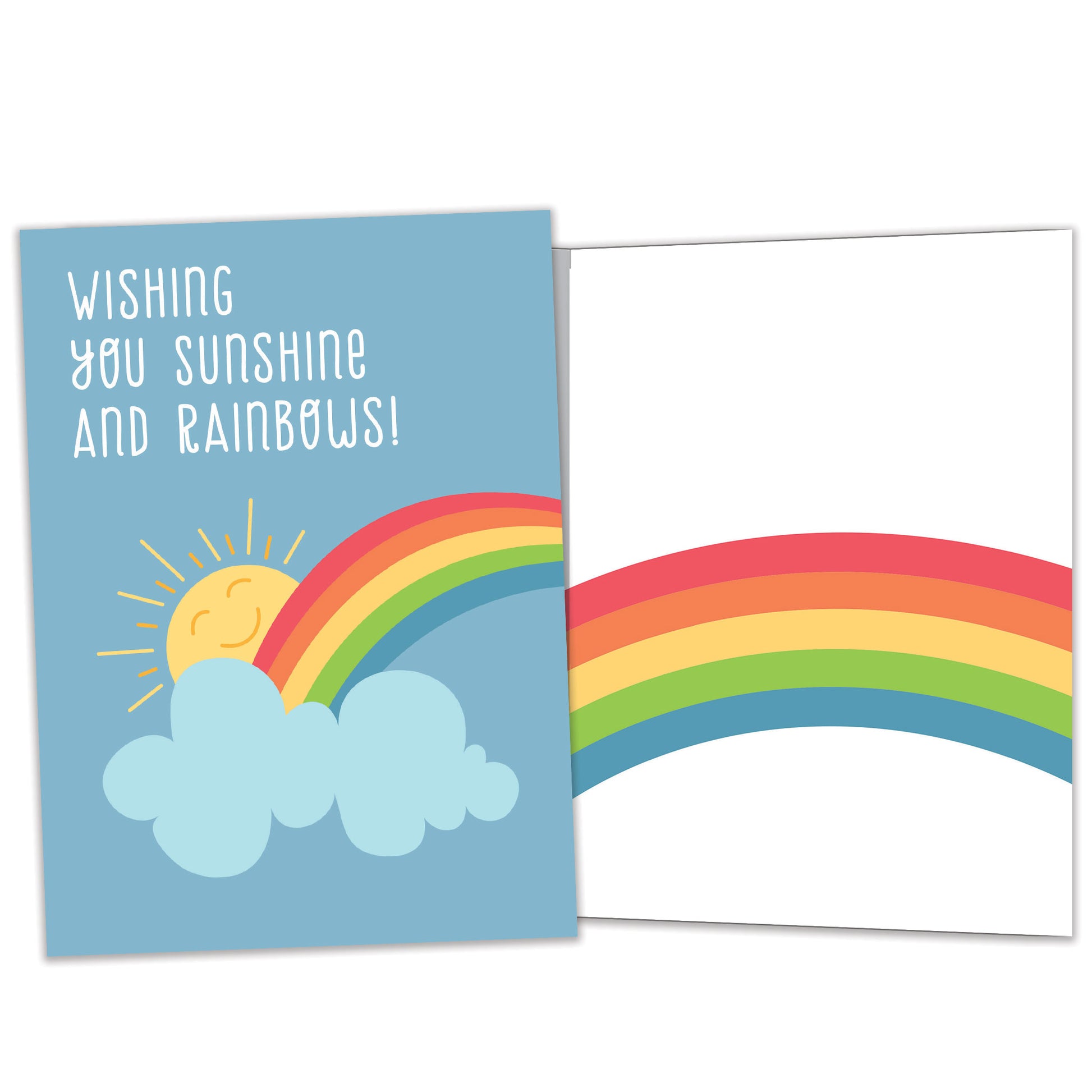 Front and inside view of an All Occasion greeting card featuring a sun and rainbow with a nice message, with matching design details inside.