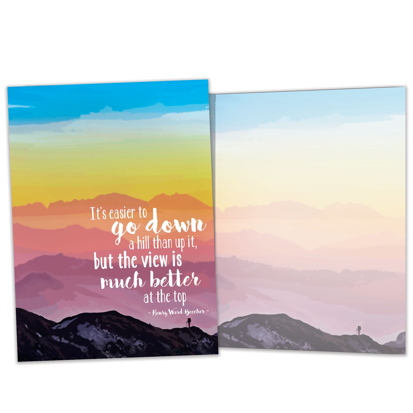 Front and inside view of an All Occasion greeting card featuring a person climbing a mountain and an inspirational message about the view from the top, with matching design details inside.