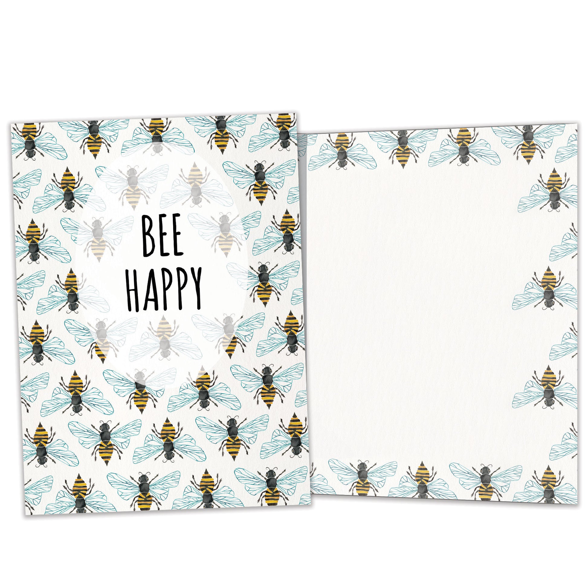 Front and inside view of an All Occasion greeting card featuring bees and the message 'bee happy,' with matching design details inside.