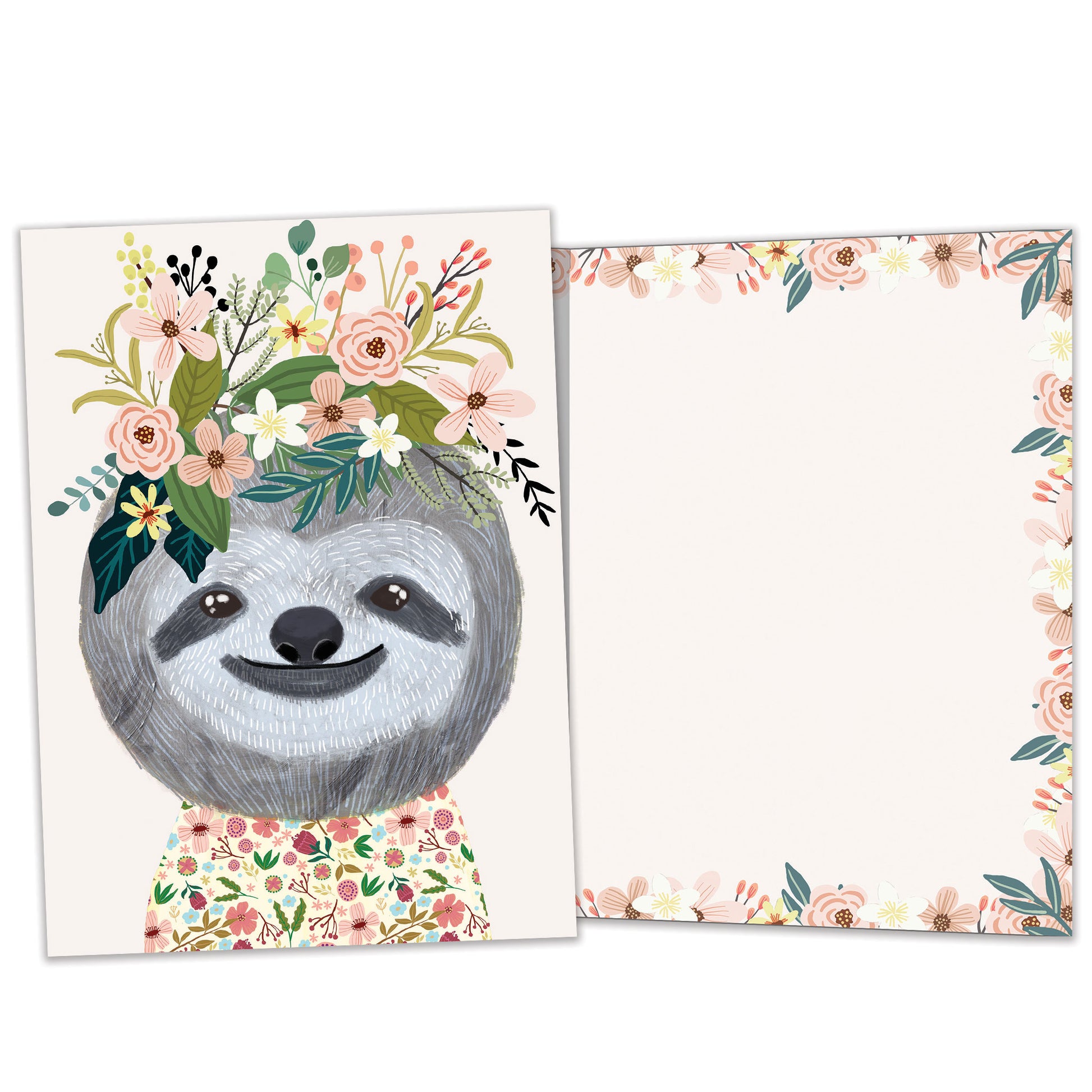 Front and inside view of an All Occasion greeting card featuring a happy sloth and flowers, with matching design details inside.