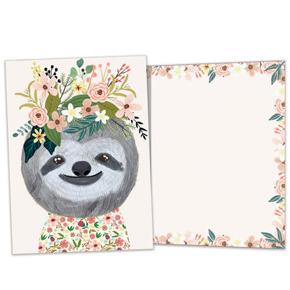 Front and inside view of an All Occasion greeting card featuring a happy sloth and flowers, with matching design details inside.