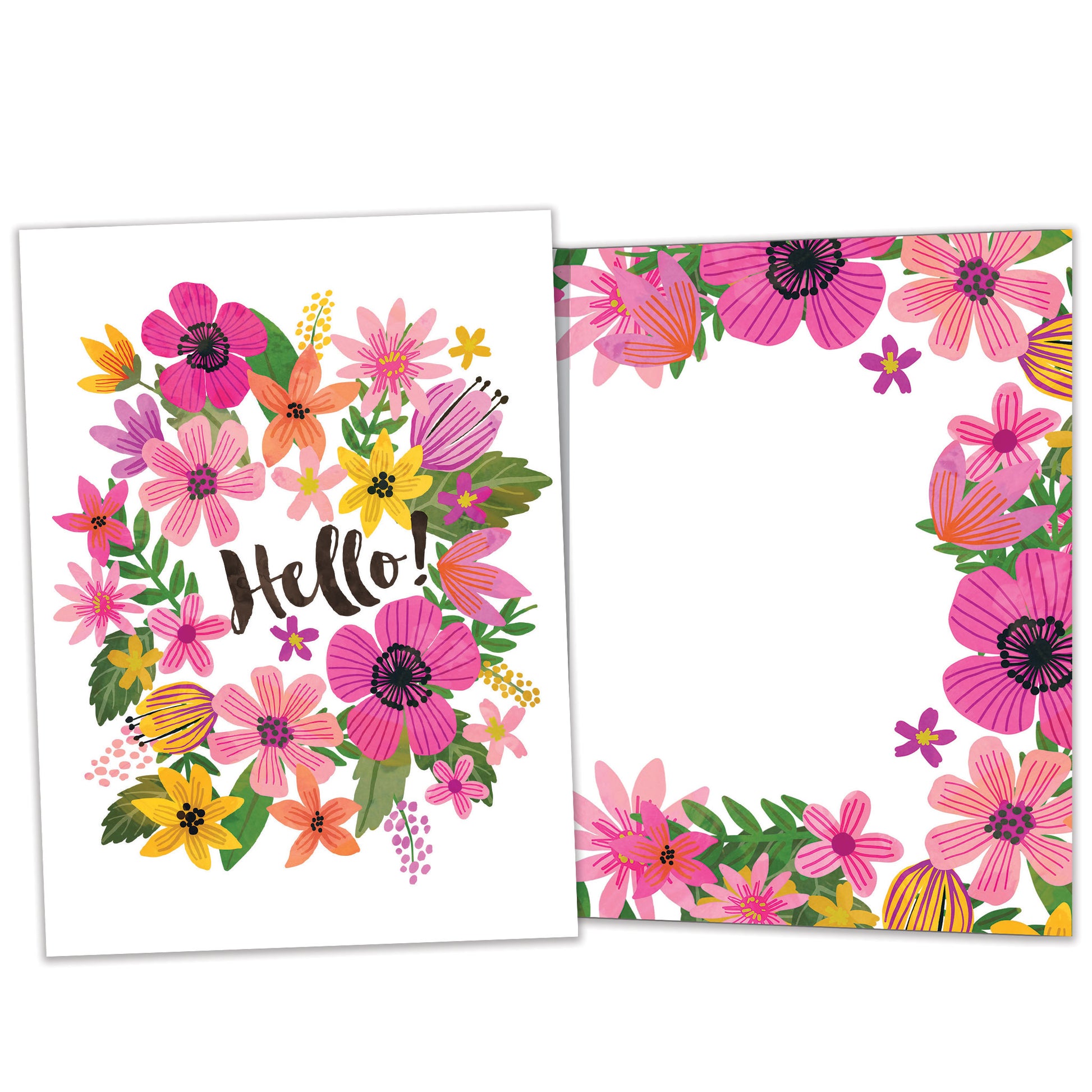 Front and inside view of an All Occasion greeting card featuring colourful flowers and the message 'Hello!,' with matching design details inside.