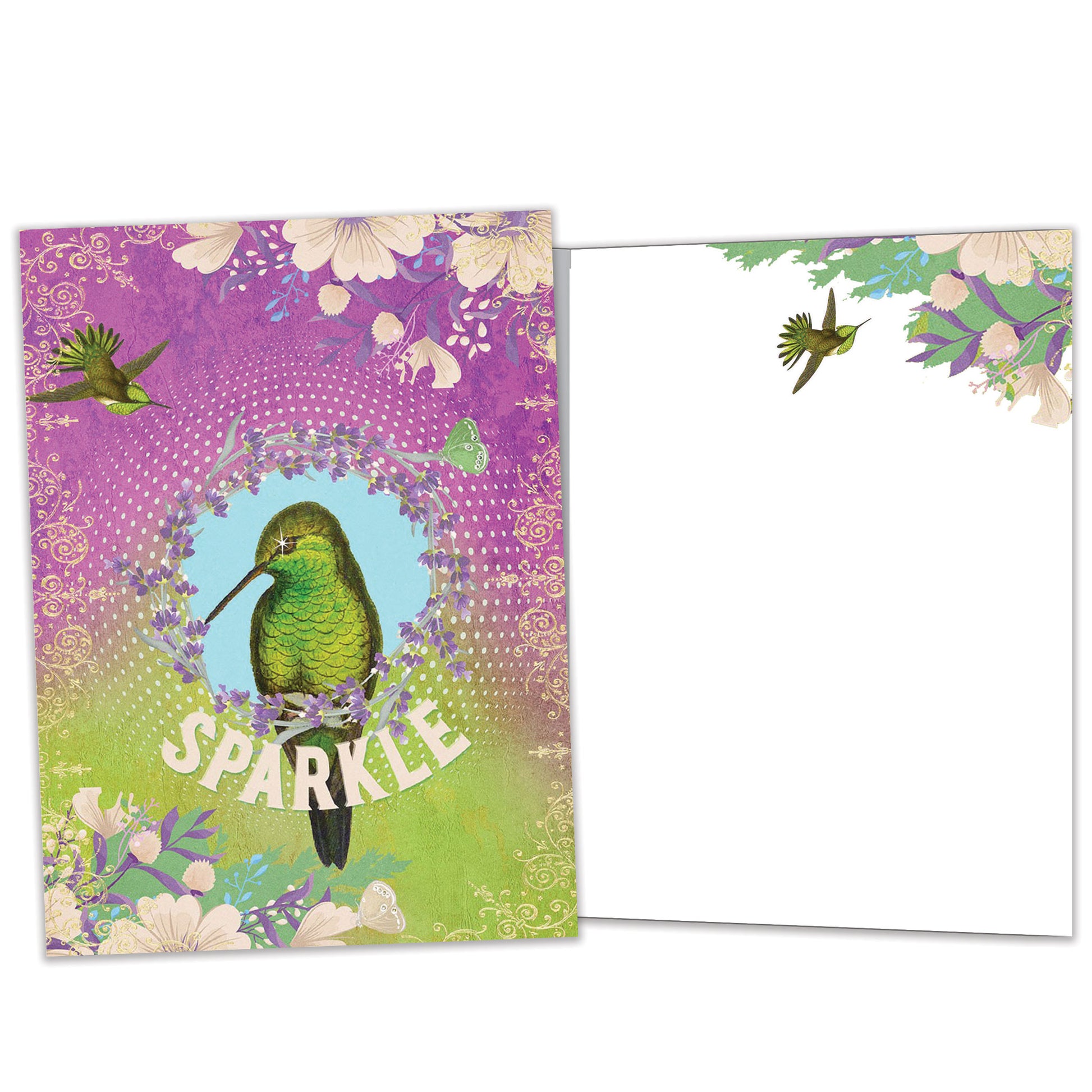 Front and inside view of an All Occasion greeting card featuring a bird illustration and the word 'sparkle,' with matching design details inside.