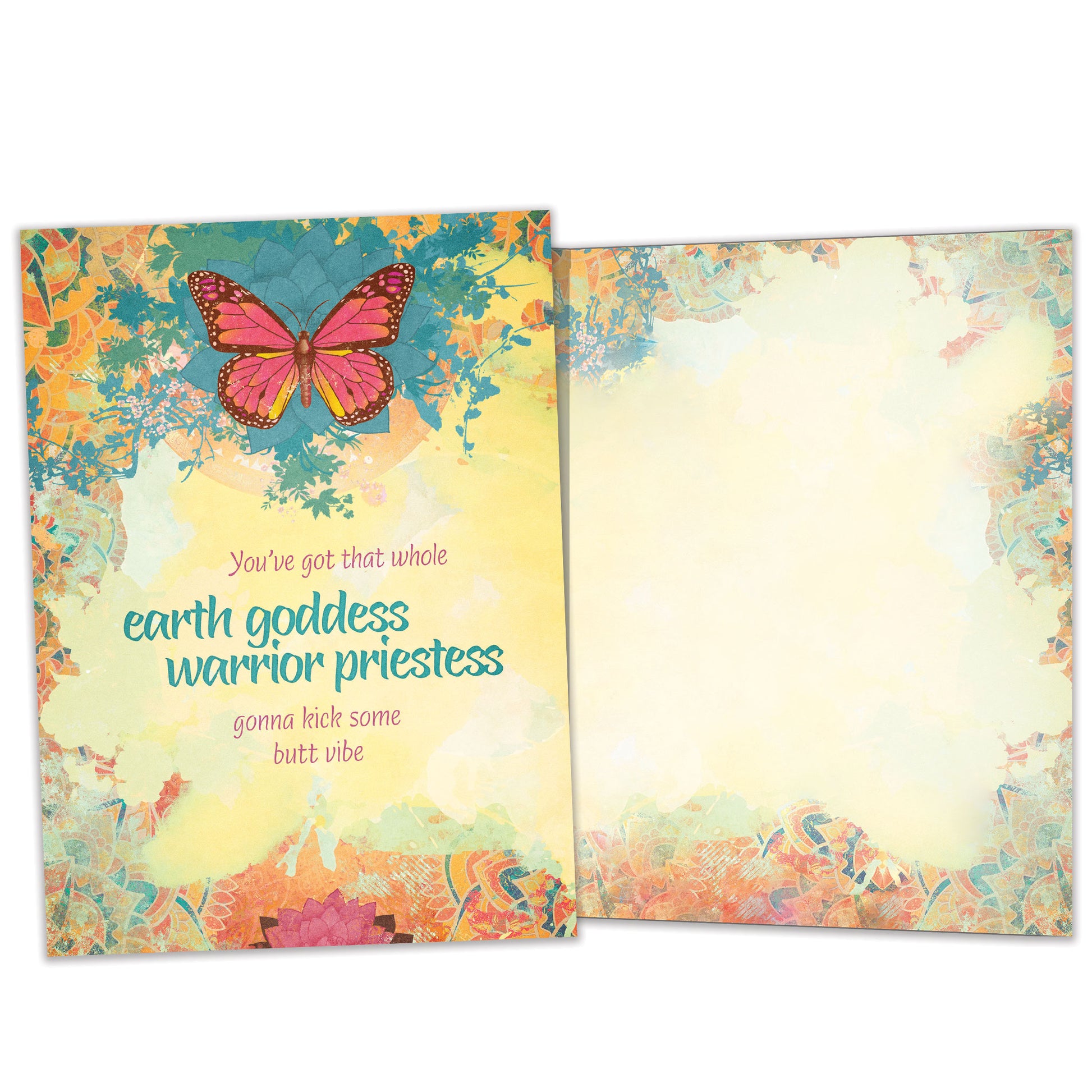 Front and inside view of an All Occasion greeting card featuring a butterfly and floral design with an uplifting message, with matching design details inside.