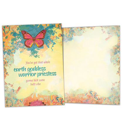 Front and inside view of an All Occasion greeting card featuring a butterfly and floral design with an uplifting message, with matching design details inside.