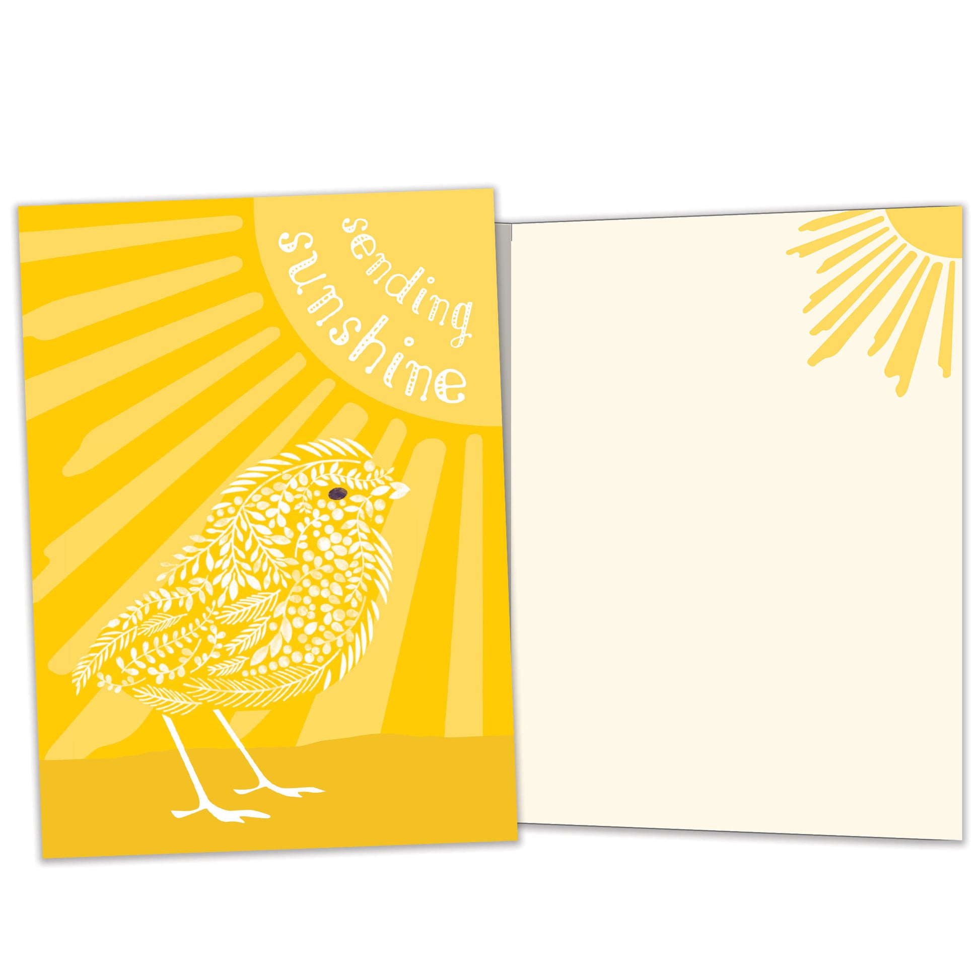 Front and inside view of an All Occasion greeting card featuring a bird, the sun, and the message 'sending sunshine,' with matching design details inside.
