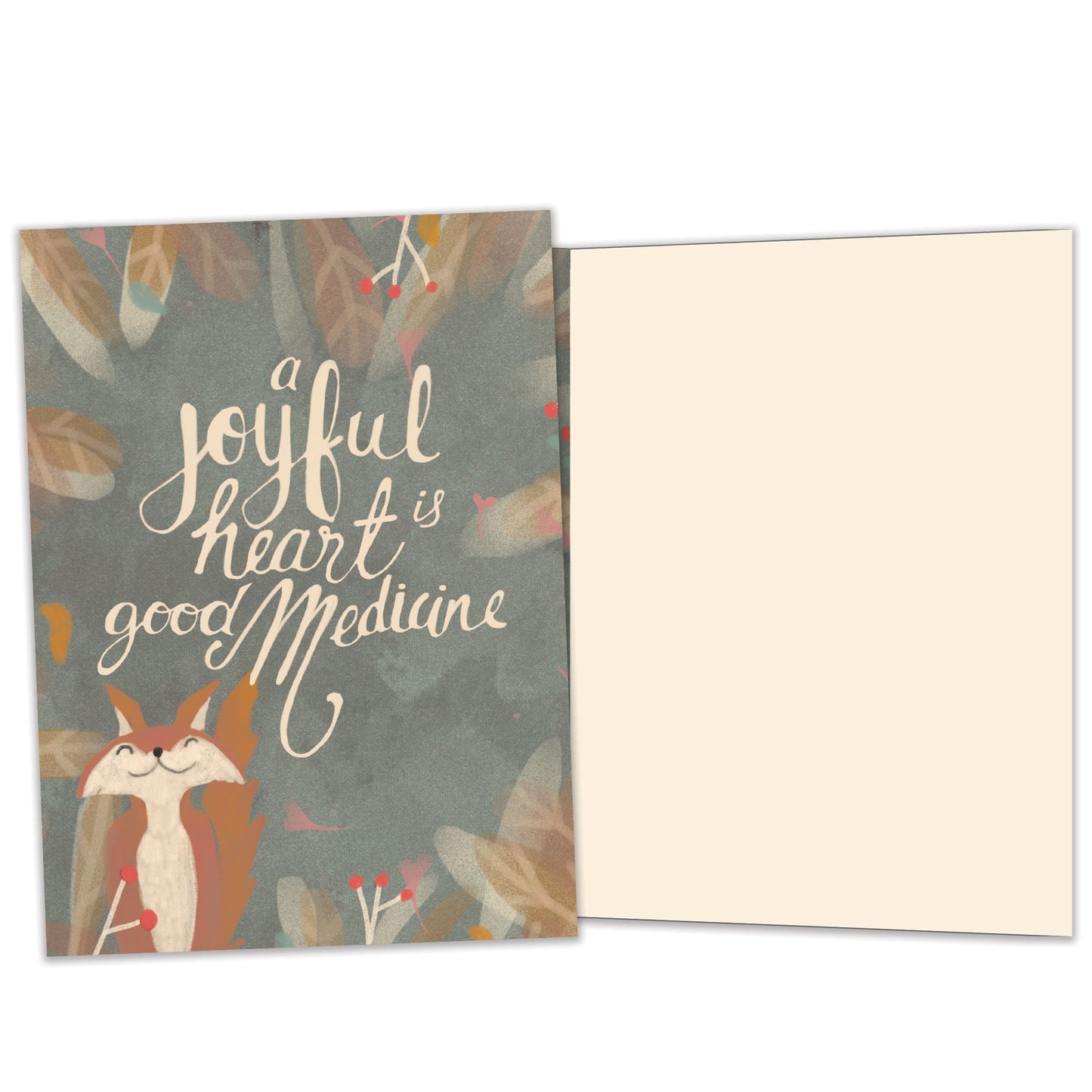 Front and inside view of an All Occasion greeting card featuring a happy fox and a joyful message, with matching design details inside.