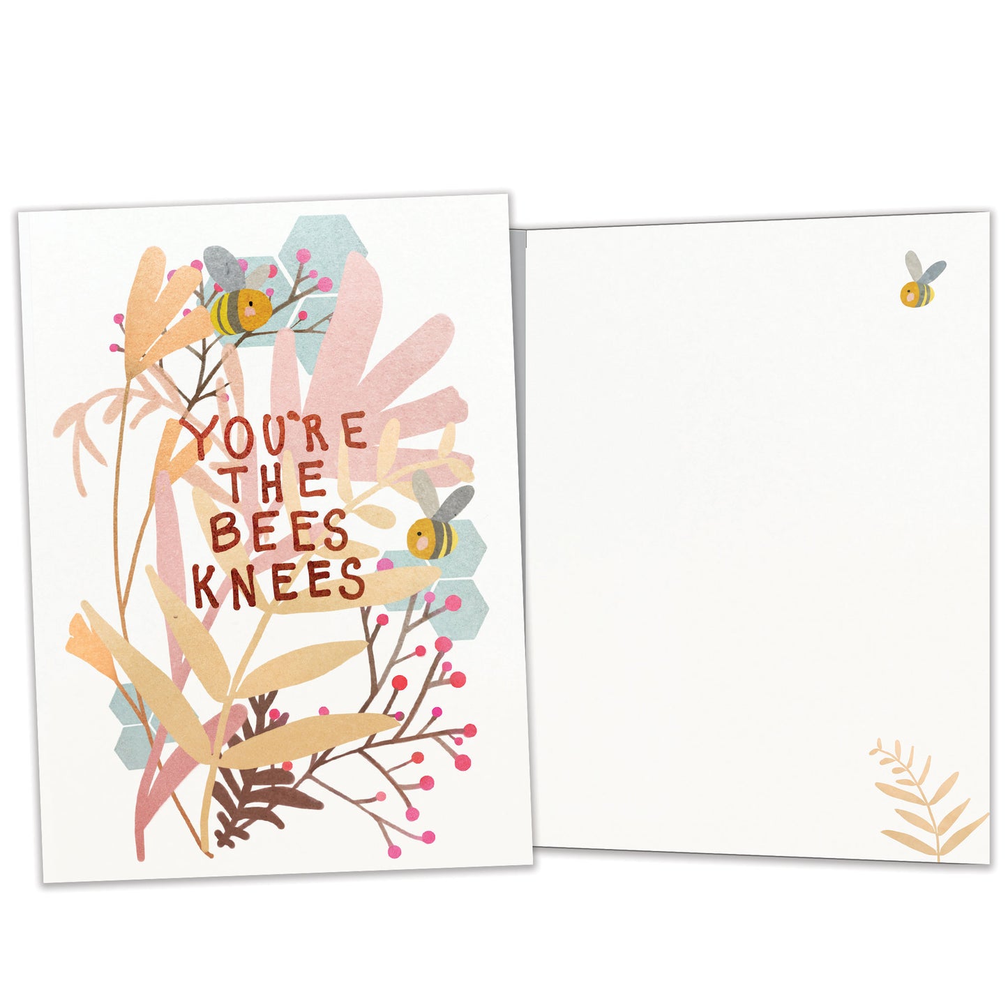 Front and inside view of an All Occasion greeting card featuring bees and the message 'you're the bees knees,' with matching design details inside.