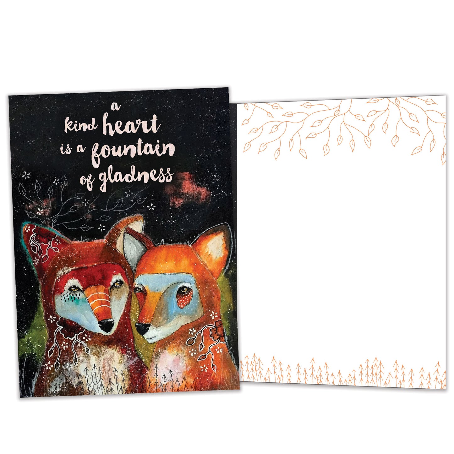 Front and inside view of an All Occasion greeting card featuring two foxes and a message about a kind heart, with matching design details inside.