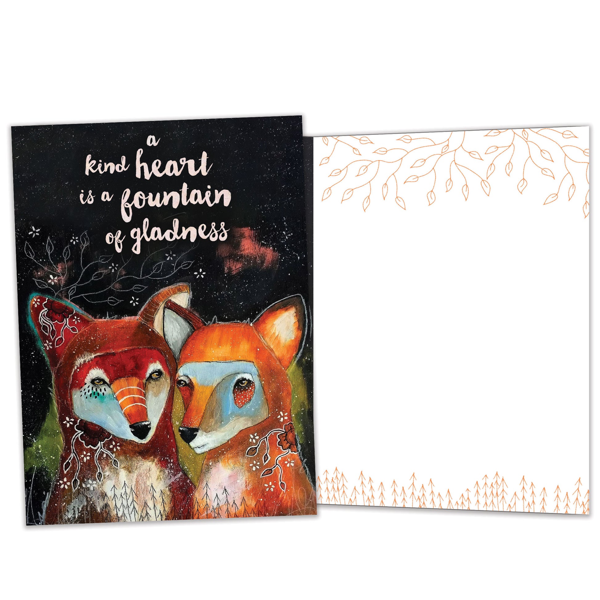 Front and inside view of an All Occasion greeting card featuring two foxes and a message about a kind heart, with matching design details inside.