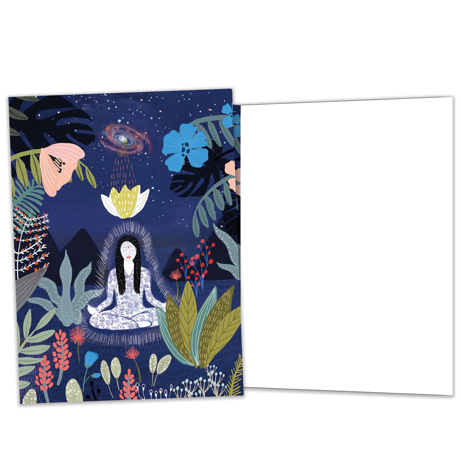 Front and inside view of an All Occasion greeting card featuring a woman meditating in a garden under the stars, with matching design details inside.