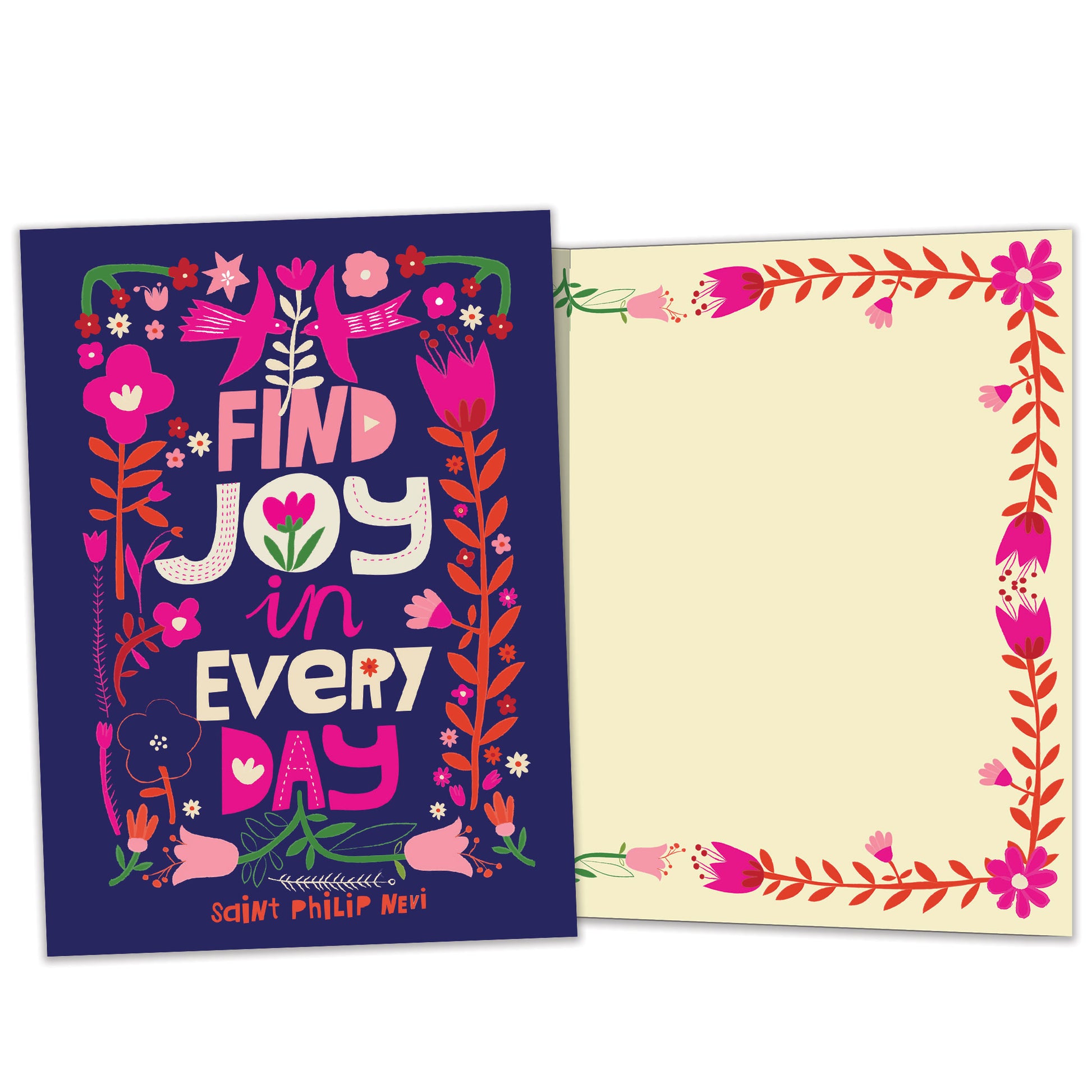 Front view of an All Occasion greeting card with a floral design and the message 'find joy in every day,' highlighting its eco-friendly materials and made in Canada.