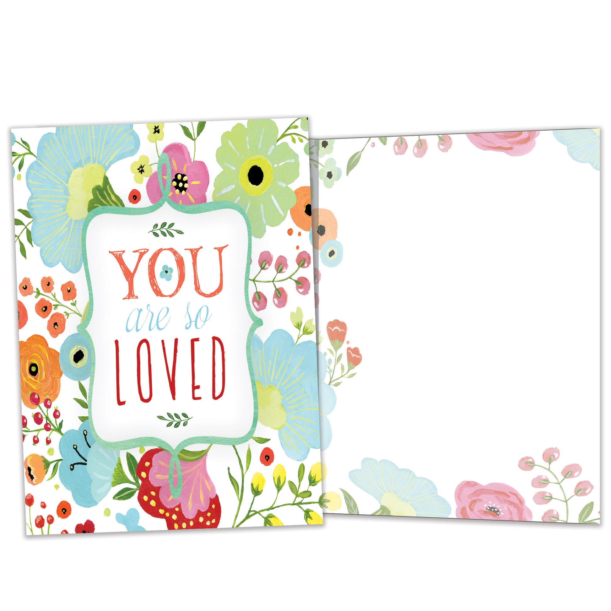Front and inside view of an All Occasion greeting card featuring the message 'You are so loved' surrounded by soft-coloured flowers, with matching design details inside.
