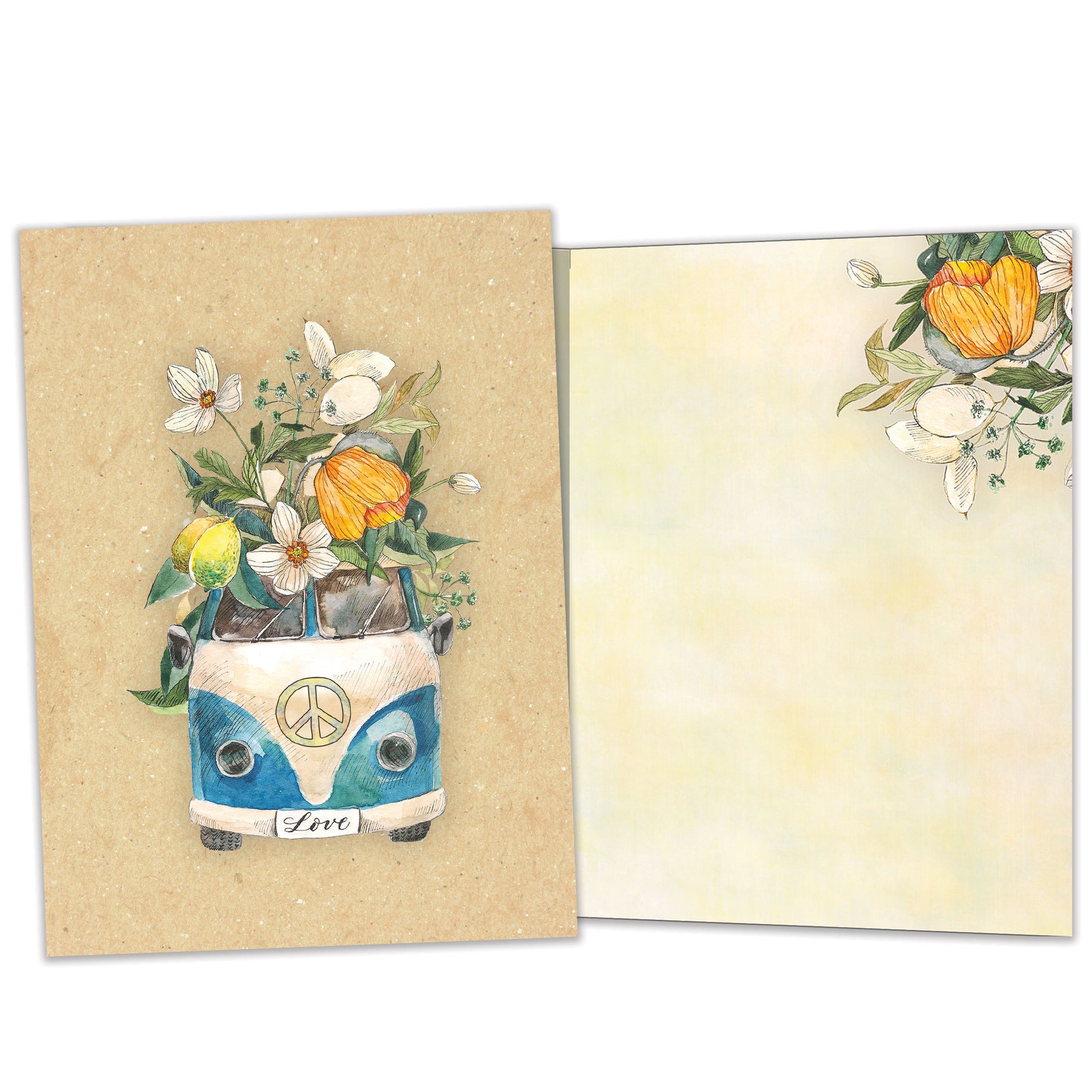 Front and inside view of an All Occasion greeting card featuring a van overflowing with flowers and the word 'Love' on the licence plate, with matching design details inside.