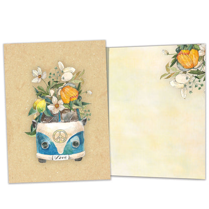 Front and inside view of an All Occasion greeting card featuring a van overflowing with flowers and the word 'Love' on the licence plate, with matching design details inside.