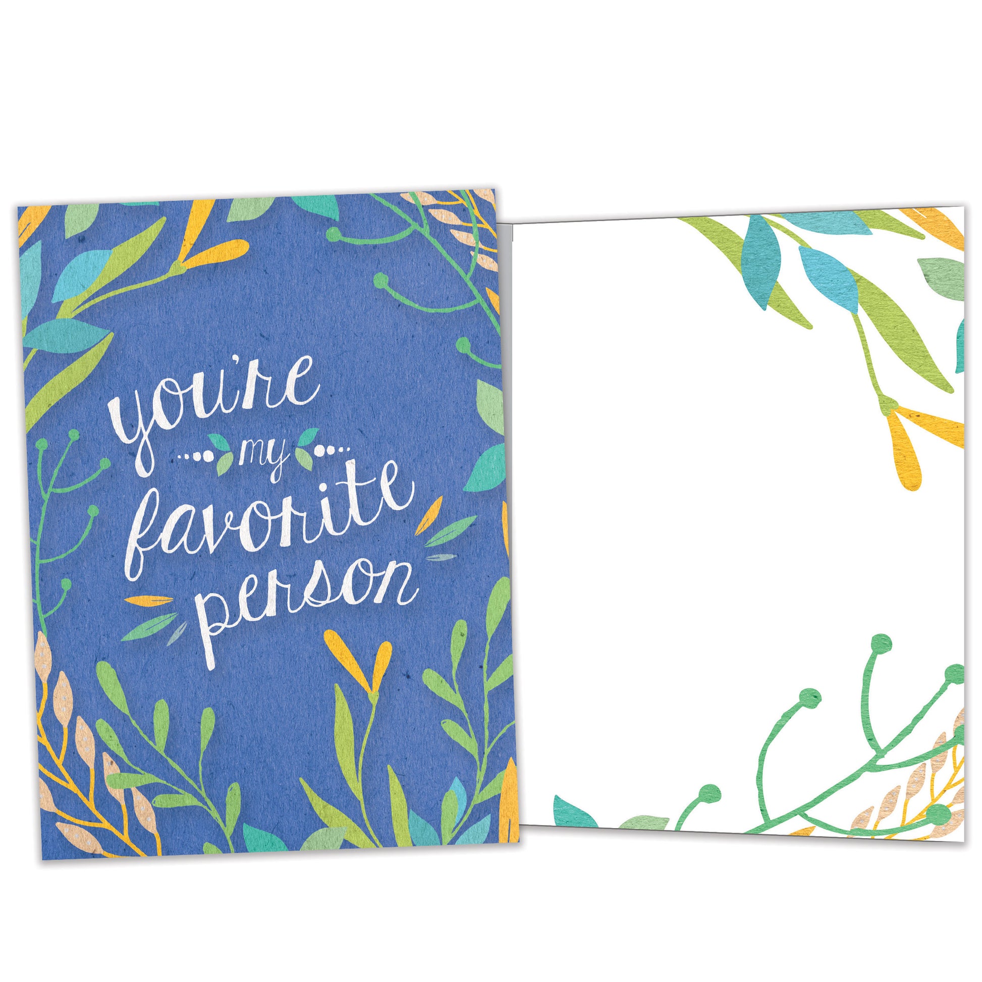 Front and inside view of an All Occasion greeting card featuring the message 'You're my favorite person' surrounded by soft-coloured foliage on a blue background, with matching design details inside.