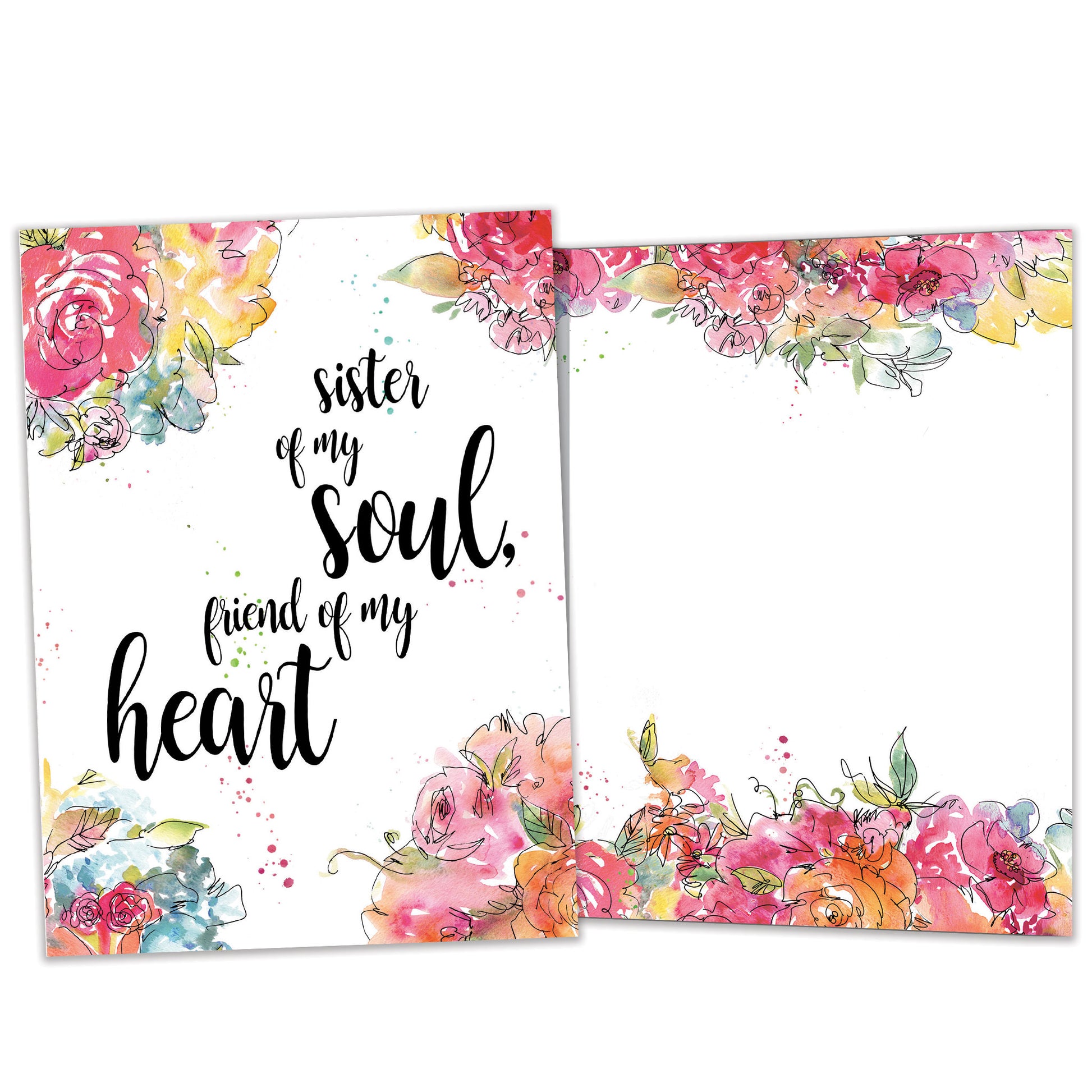 Front and inside view of an All Occasion greeting card featuring the message 'Sister of my soul, friend of my heart' surrounded by watercolour flowers, with matching design details inside.