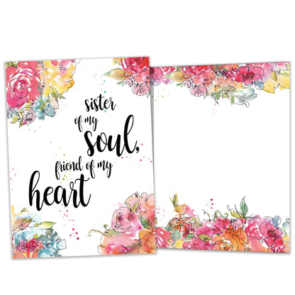 Front and inside view of an All Occasion greeting card featuring the message 'Sister of my soul, friend of my heart' surrounded by watercolour flowers, with matching design details inside.