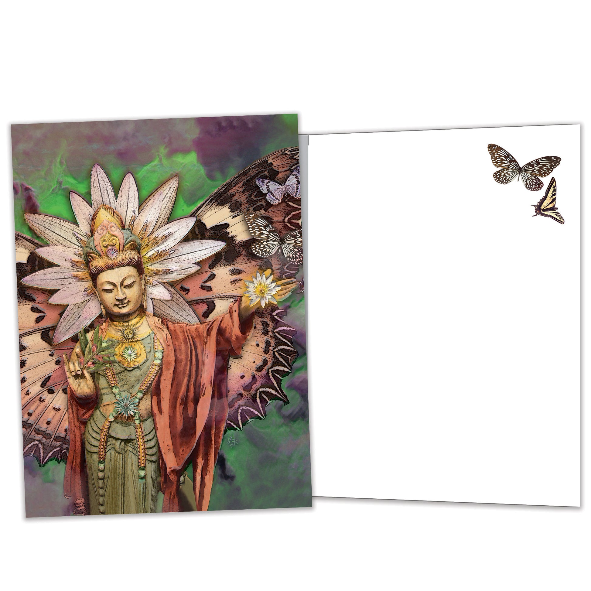 Front and inside view of an All Occasion greeting card featuring an illustration of a Buddha with butterfly wings, with matching design details inside.