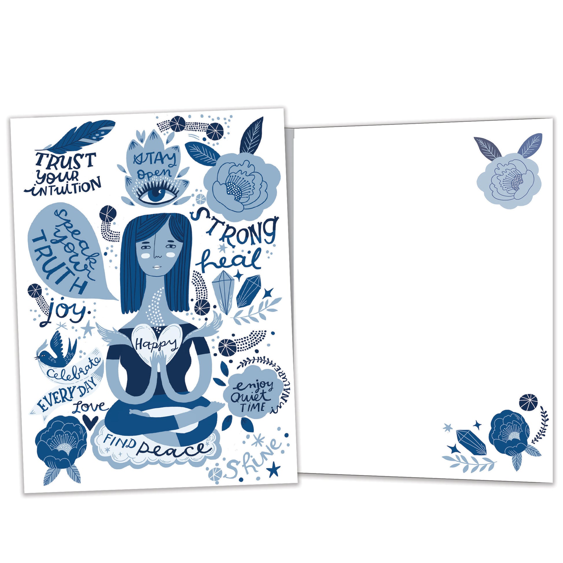 Front and inside view of an All Occasion greeting card featuring a woman meditating, surrounded by peaceful blue text and imagery, with matching design details inside.