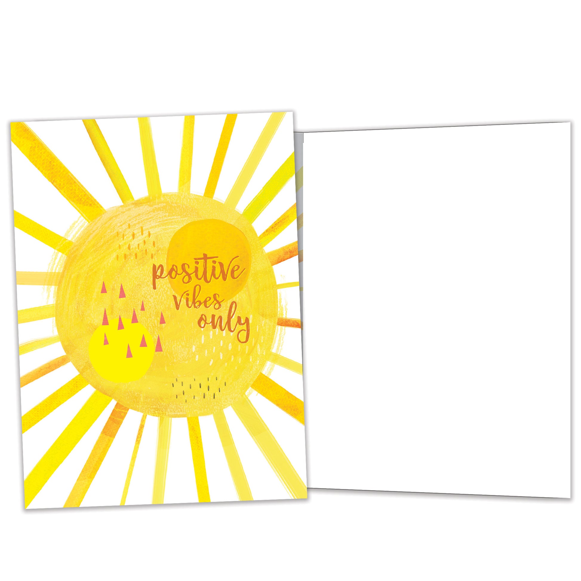 Front and inside view of an All Occasion greeting card featuring a bright yellow sunshine illustration with the words 'positive vibes only,' with matching design details inside.