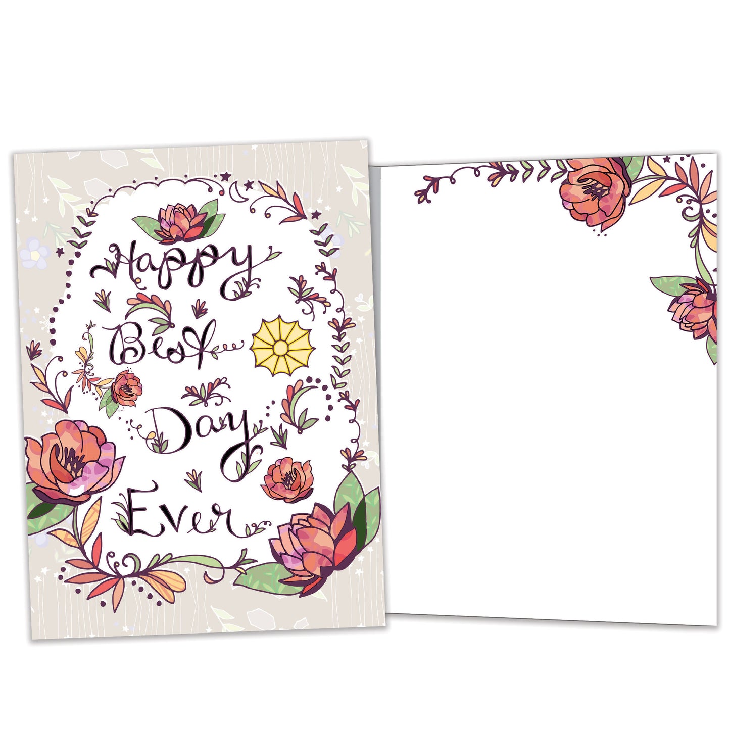 Front and inside view of an All Occasion greeting card featuring 'Happy best day ever' and an intricate floral design, with matching design details inside.
