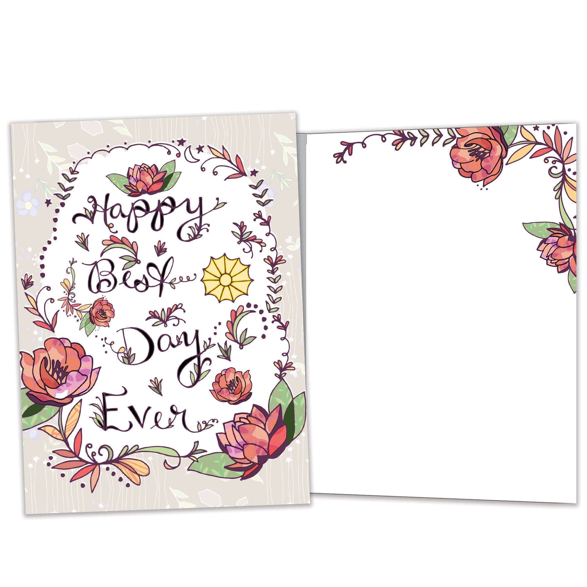 Front and inside view of an All Occasion greeting card featuring 'Happy best day ever' and an intricate floral design, with matching design details inside.