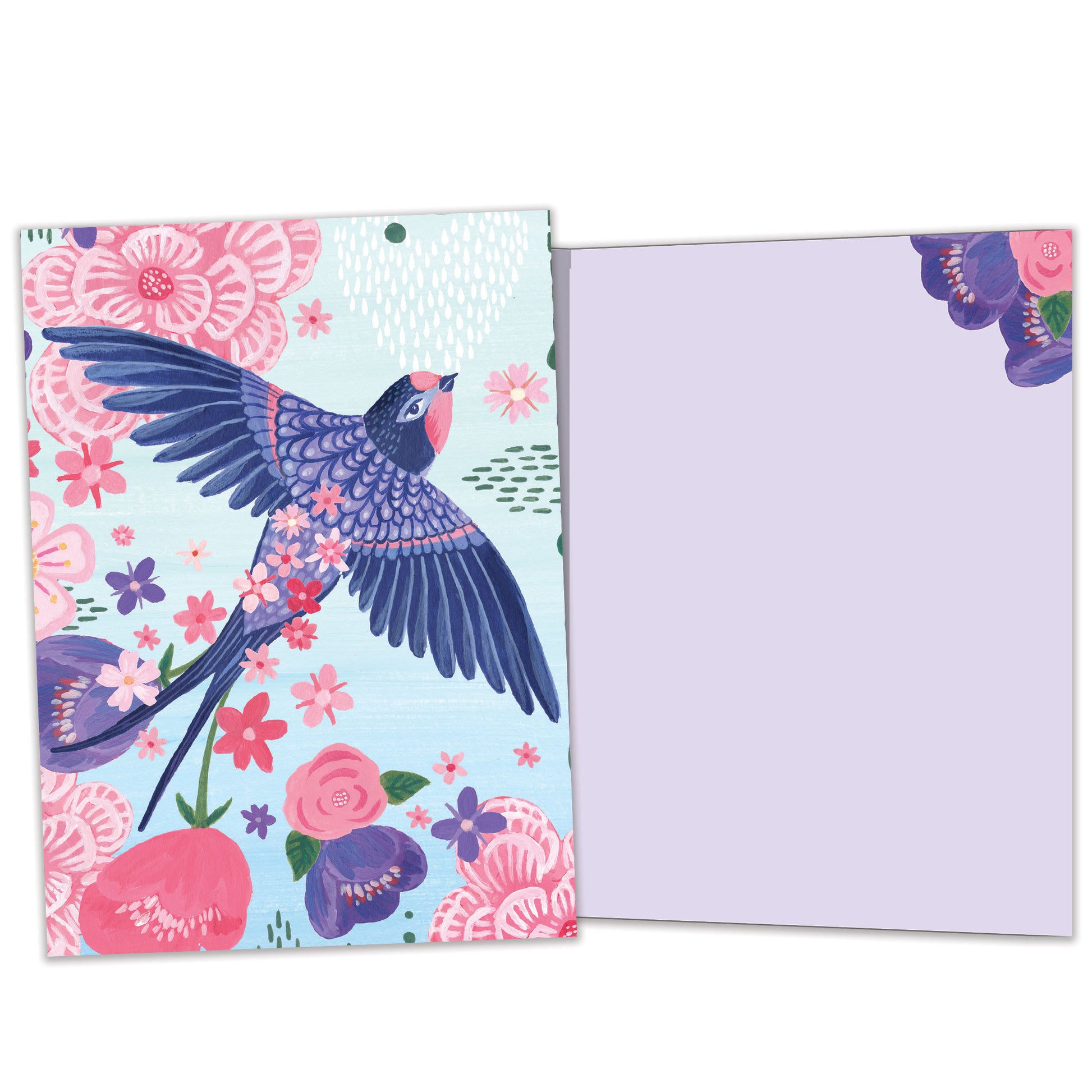 Front and inside view of an All Occasion greeting card featuring a whimsical bird and floral design, with matching design details inside.