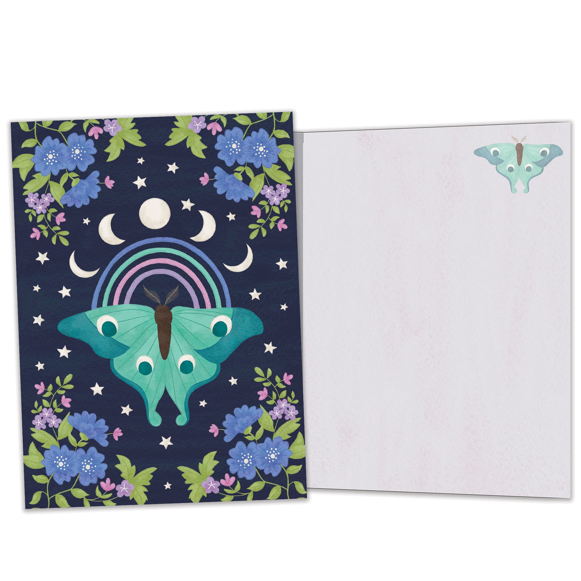 Front and inside view of an All Occasion greeting card featuring a moth, moon phases, and flowers on a dark blue background, with matching design details inside.