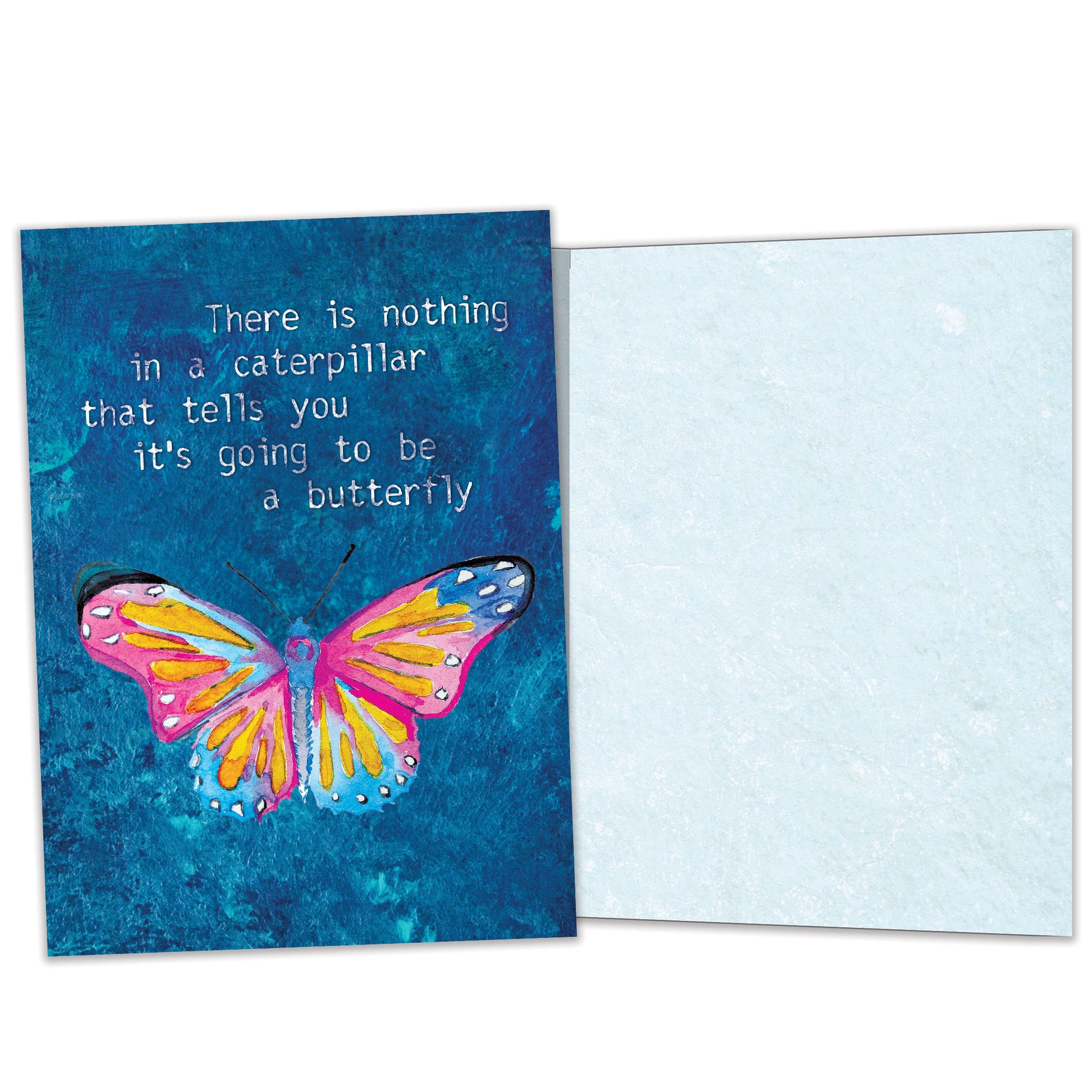 Front and inside view of an All Occasion greeting card featuring a vibrant butterfly on a dark blue background, along with an uplifting message and matching design details inside.