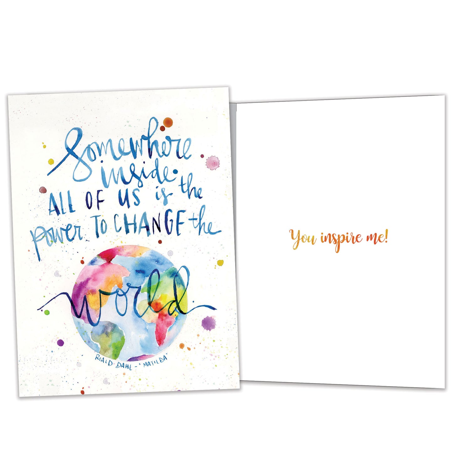 Front and inside view of an All Occasion greeting card featuring a vibrant world illustration, an uplifting message, and matching design details inside.