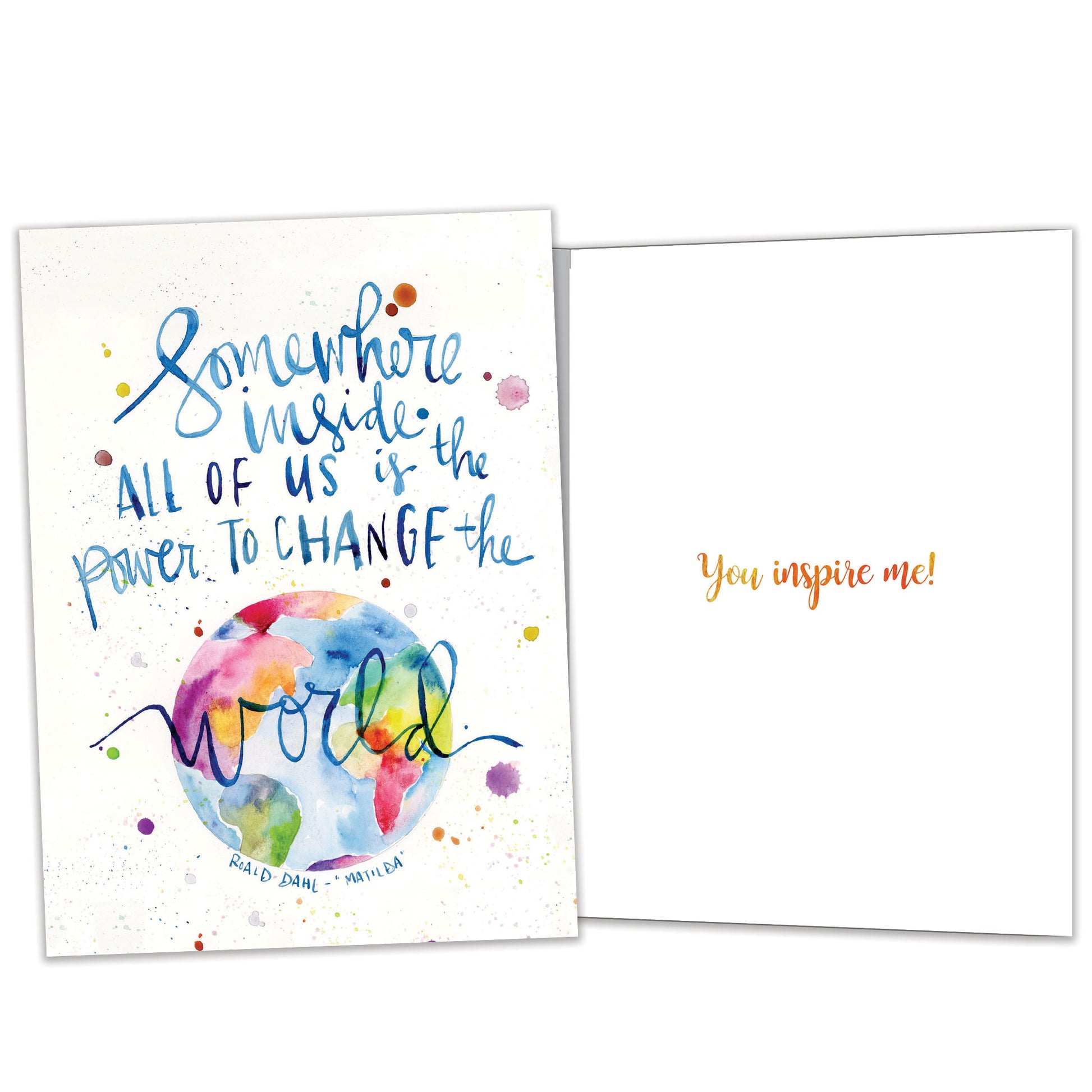 Front and inside view of an All Occasion greeting card featuring a vibrant world illustration, an uplifting message, and matching design details inside.
