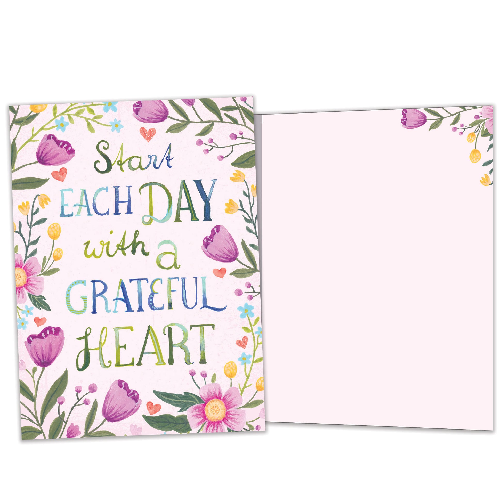 Front and inside view of an All Occasion greeting card featuring the message 'Start each day with a grateful heart' and delicate flowers, with matching design details inside.