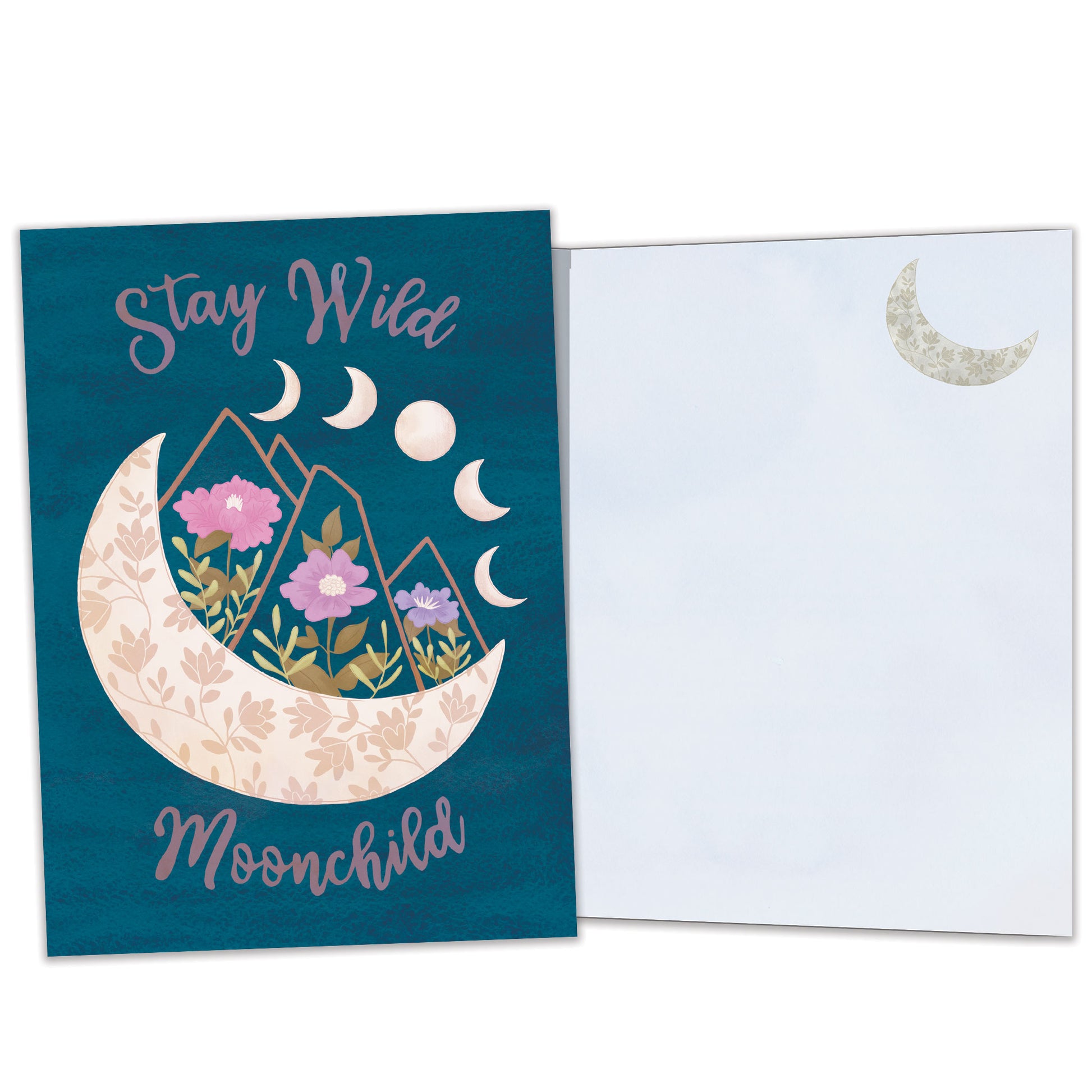 Front and inside view of an All Occasion greeting card featuring a moon and flowers on a dark blue background, with matching design details inside.