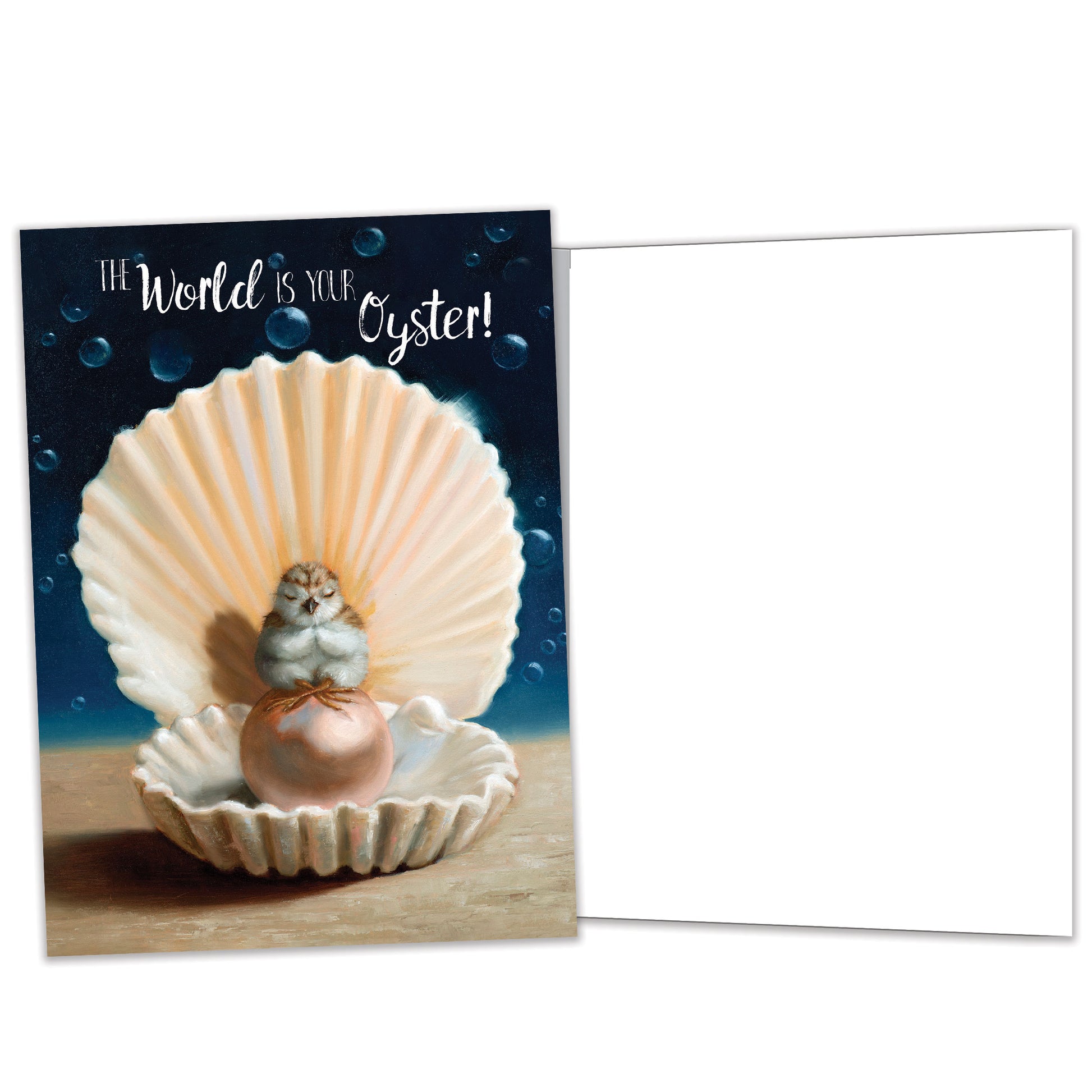 Front and inside view of an All Occasion greeting card featuring an oyster and pearl illustration with matching design details inside.