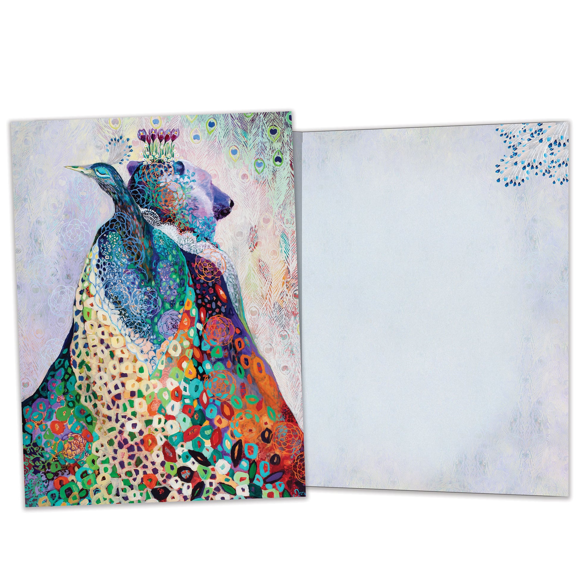 Front and inside view of an All Occasion greeting card featuring a vibrant peacock and bear illustration with matching design details inside.