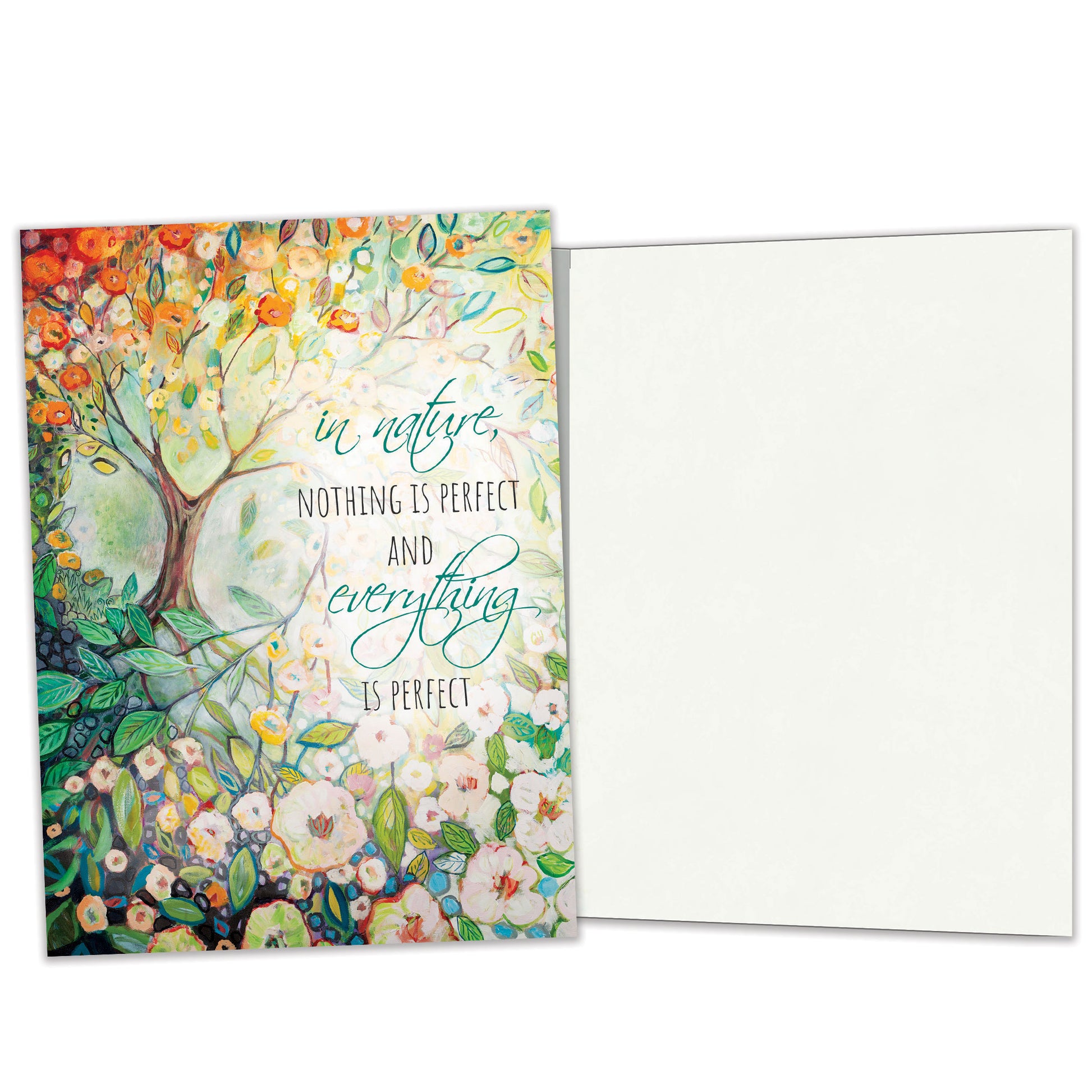 Front and inside view of an All Occasion greeting card featuring a beautiful tree and flowers illustration with matching design details inside.