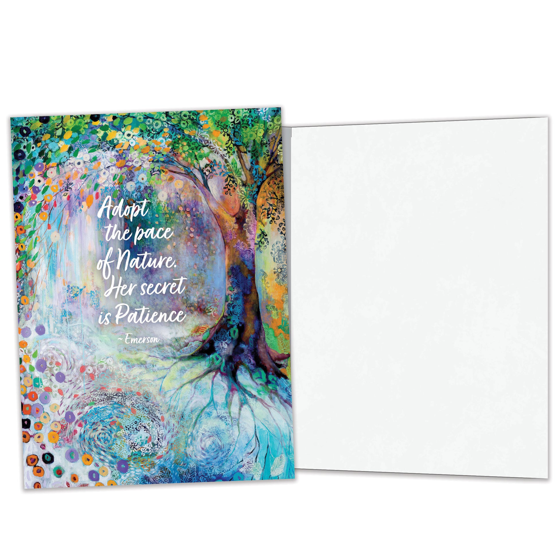 Front and inside view of an All Occasion greeting card featuring a colourful tree and flowers illustration with matching design details inside.