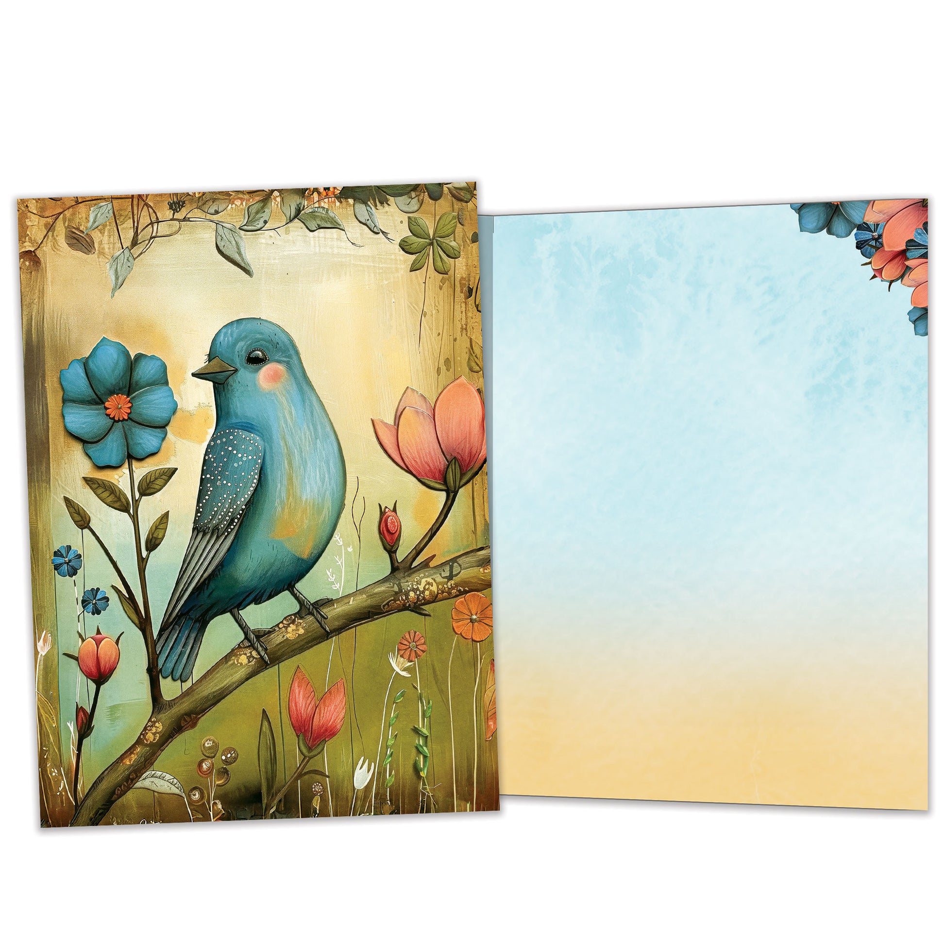 Front and inside view of an All Occasion greeting card featuring a bird and flowers illustration with matching design details inside.