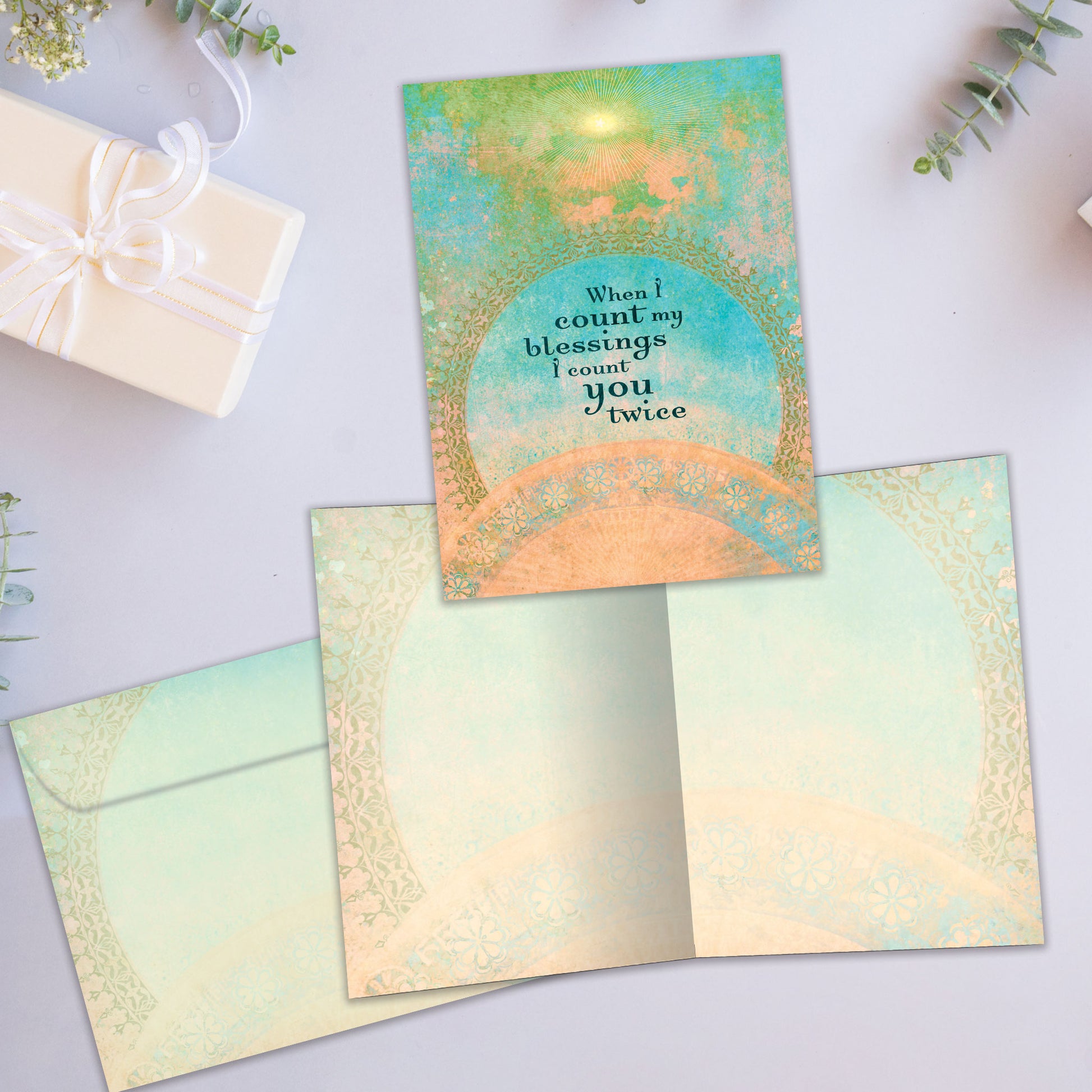 Front and inside view of an All Occasion greeting card showcasing an illustrated design and a nice message, along with a matching envelope.