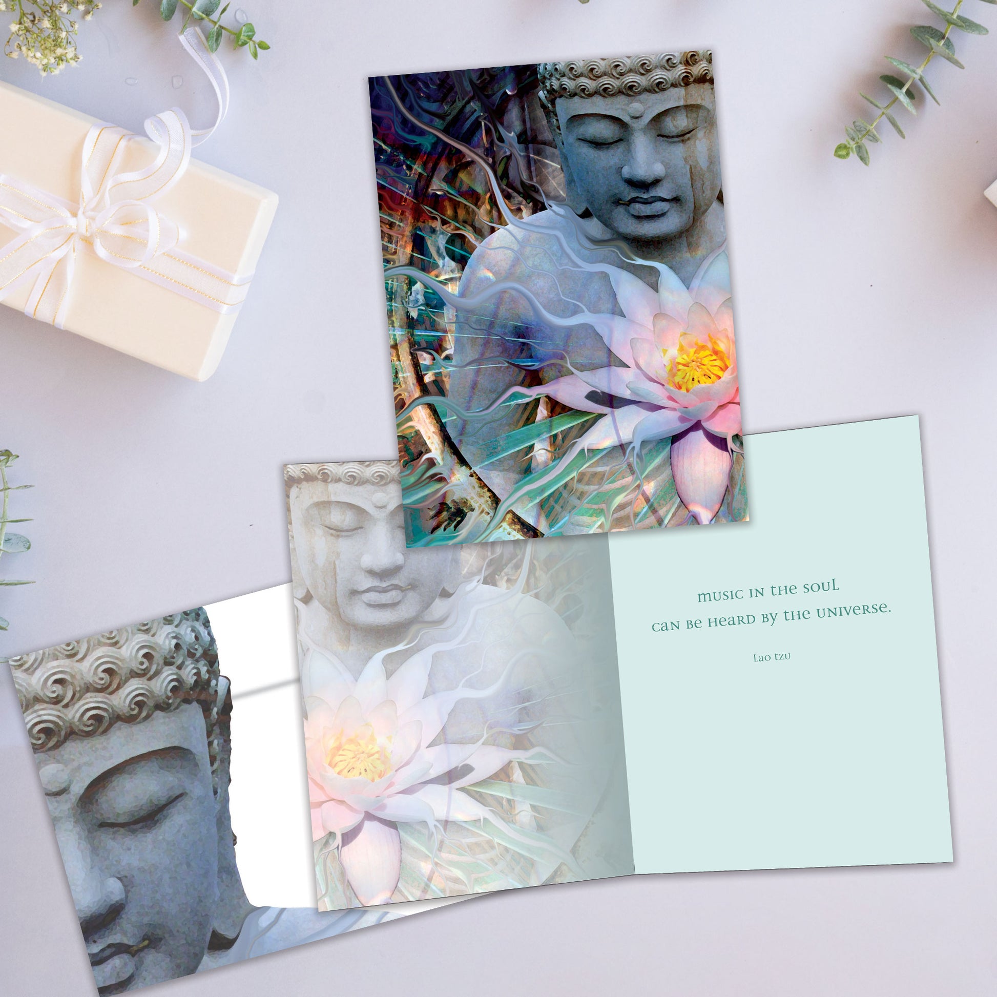 Front and inside view of an All Occasion greeting card showcasing a peaceful Buddha illustration with a flower, along with a matching envelope.