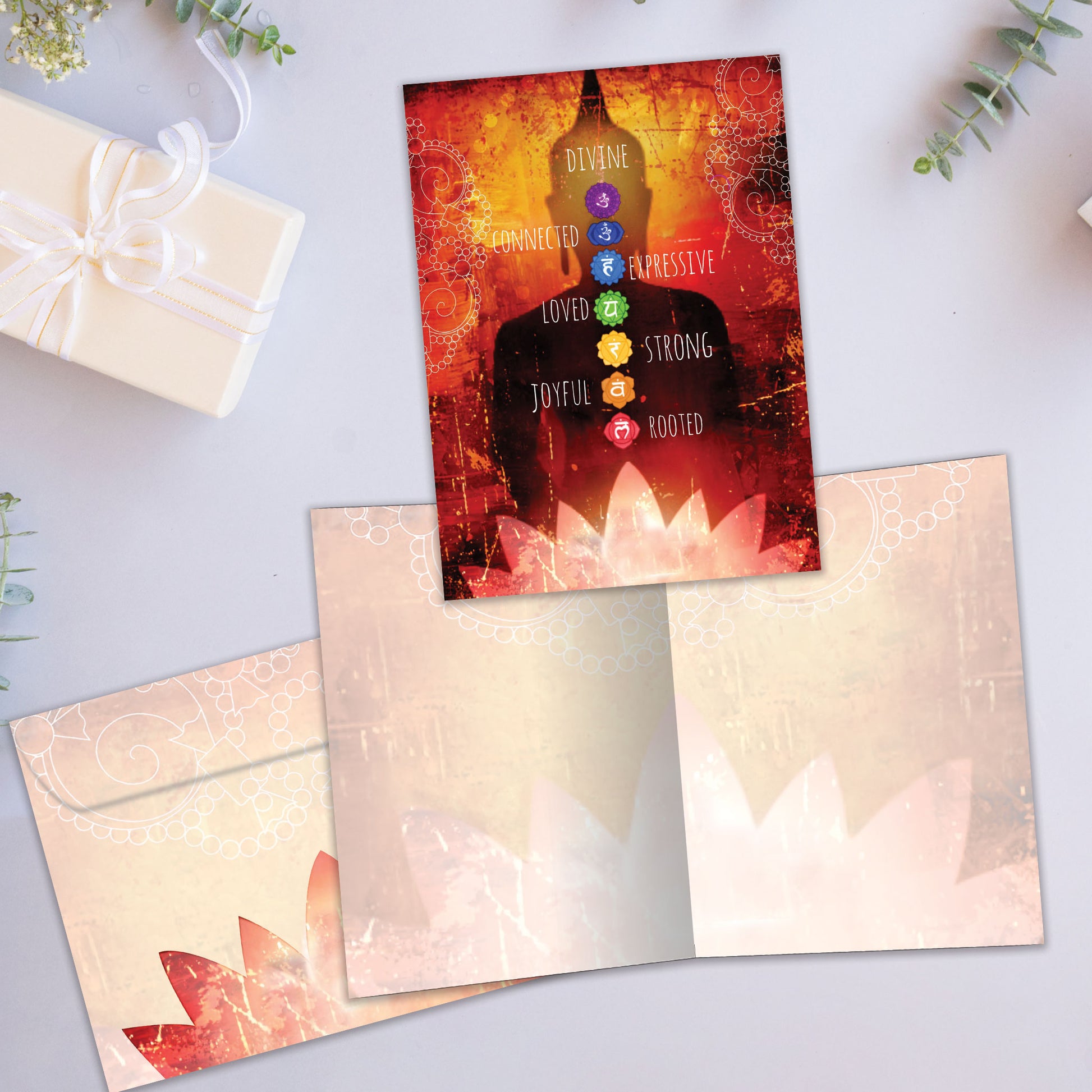 Front and inside view of an All Occasion greeting card showcasing intricate artwork and spiritual words such as 'divine' and 'joyful,' with a matching envelope.