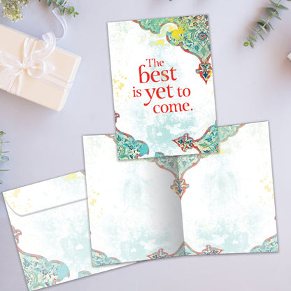 Front and inside view of an All Occasion greeting card showcasing an illustration with 'The Best Is Yet to Come' text, with a matching envelope.