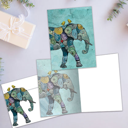 Front and inside view of an All Occasion greeting card showcasing a colourful elephant illustration in a striking design, with a matching envelope.