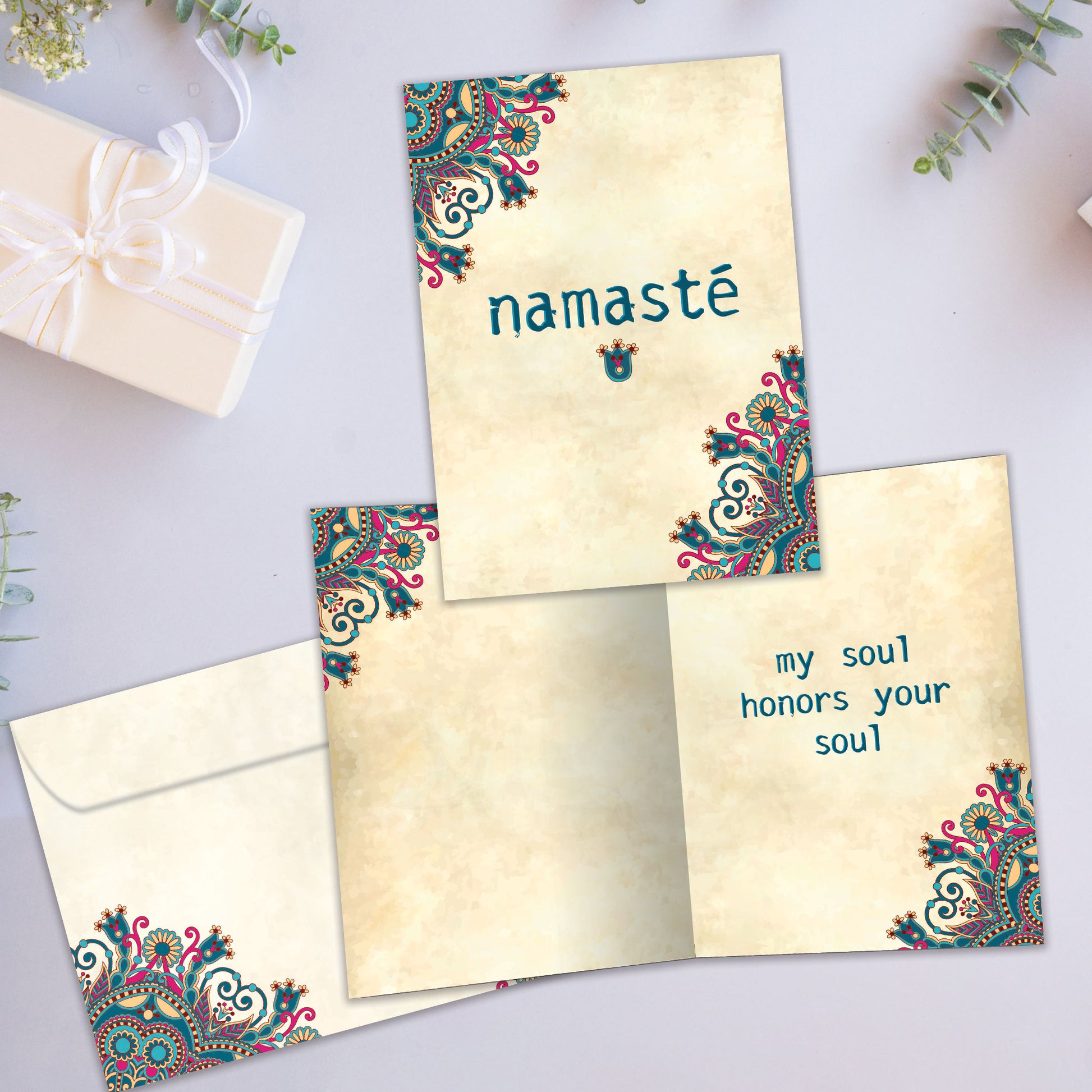Front and inside view of an All Occasion greeting card showcasing 'Namaste' with mandala artwork in a calming design, with a matching envelope.