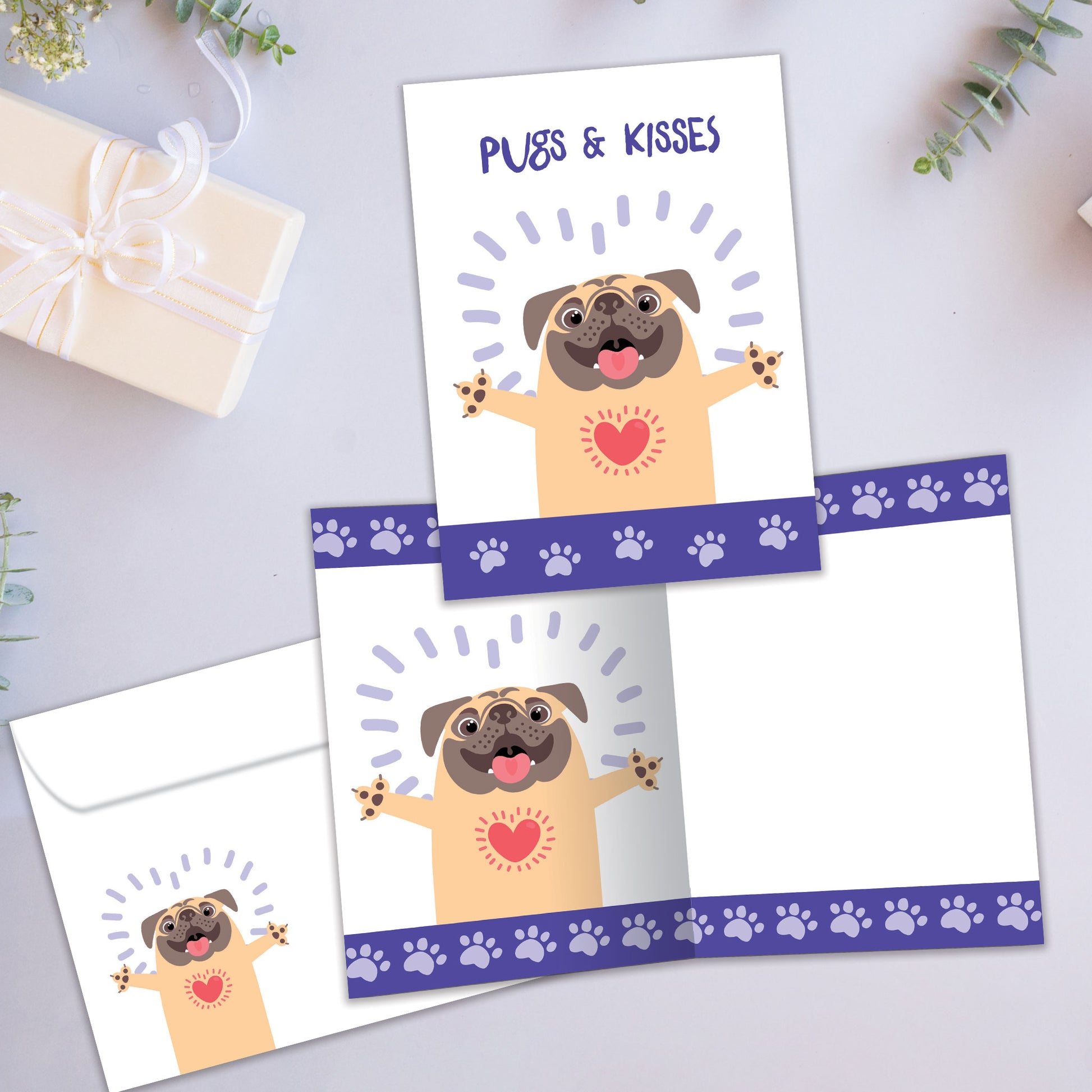 Front and inside view of an All Occasion greeting card showcasing a cute pug illustration and the words 'pugs & kisses,' with a matching envelope.